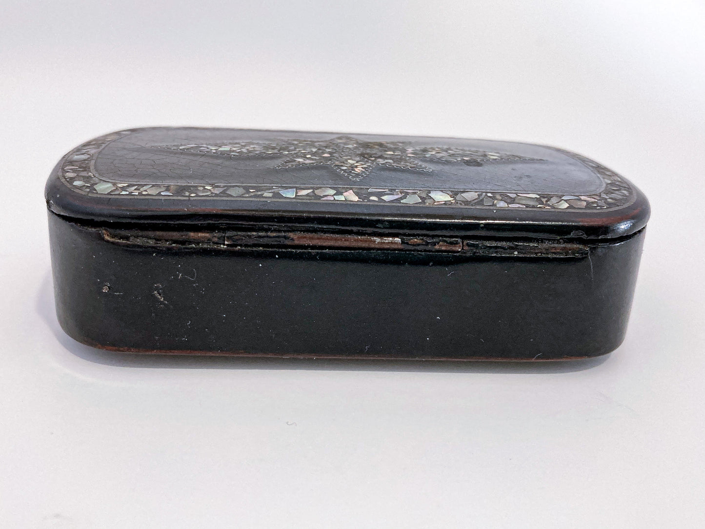 19th Century Antique Abalone Shell Inlay Papier-Mache Lacquer English Trinket Box