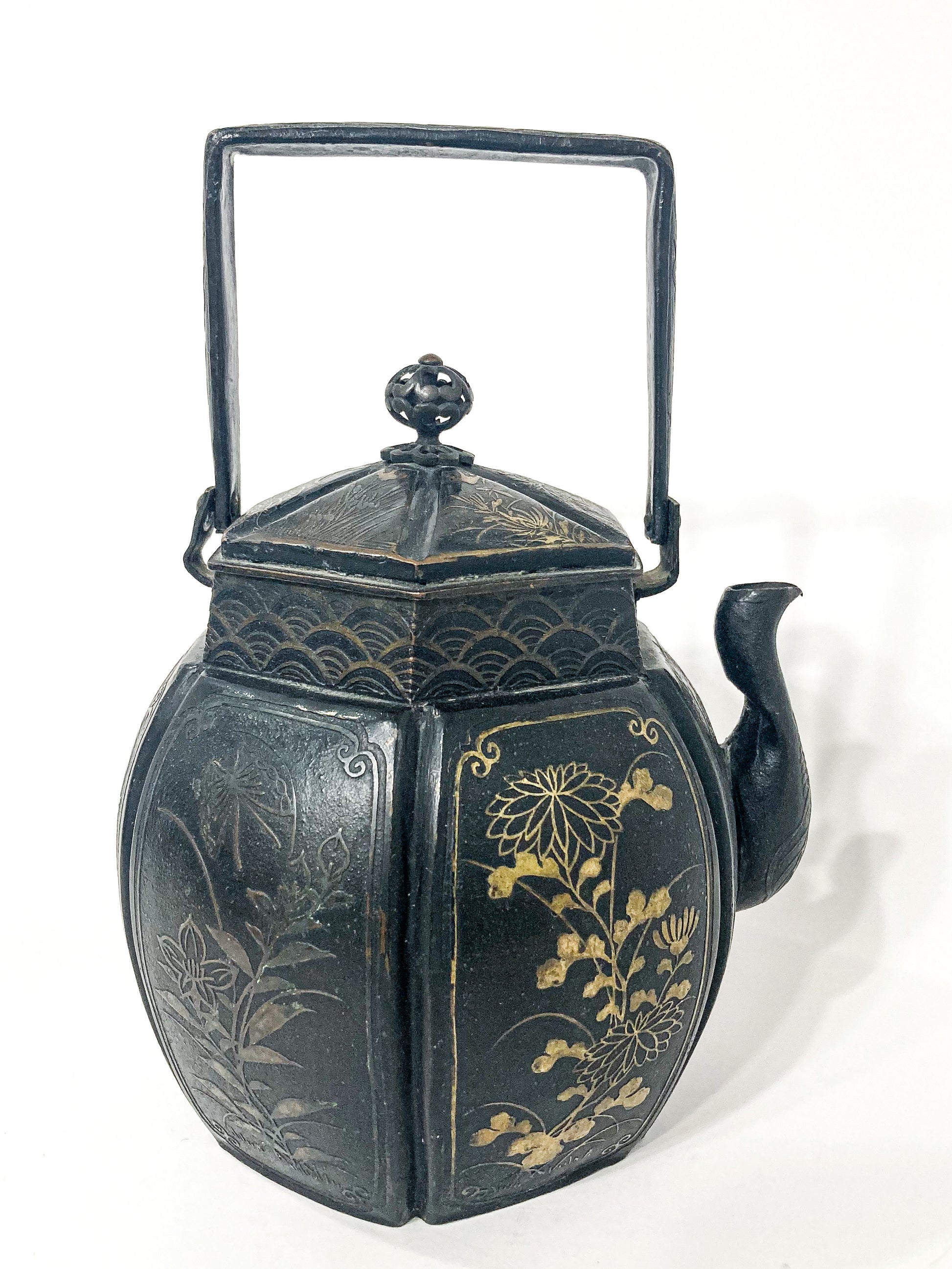 19th Century Japanese Meiji Period Mixed Metal Bronze Small Teapot Kettle