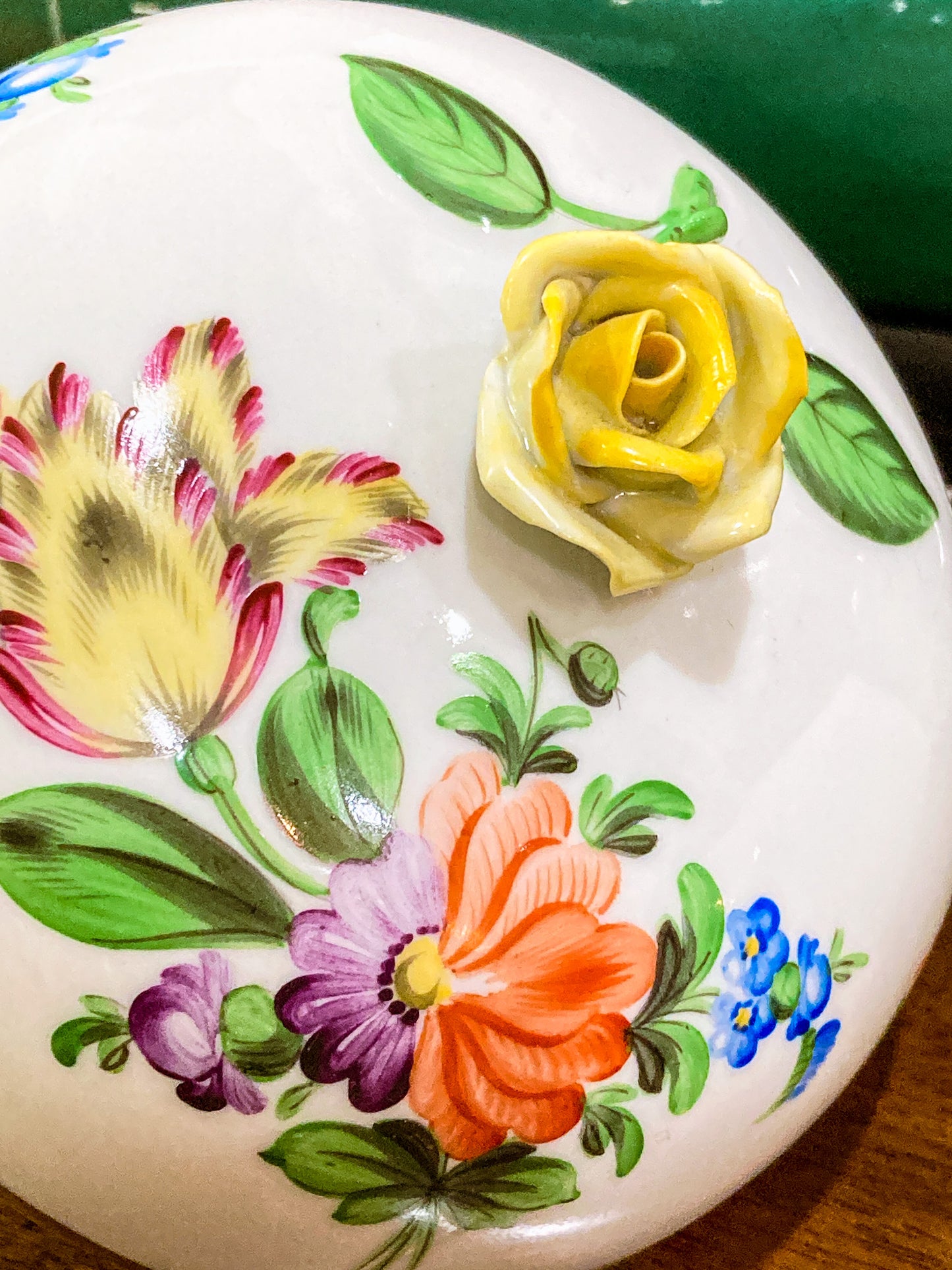 20th Century Herend Hungary Hand Painted Porcelain Yellow Rose Trinket Box