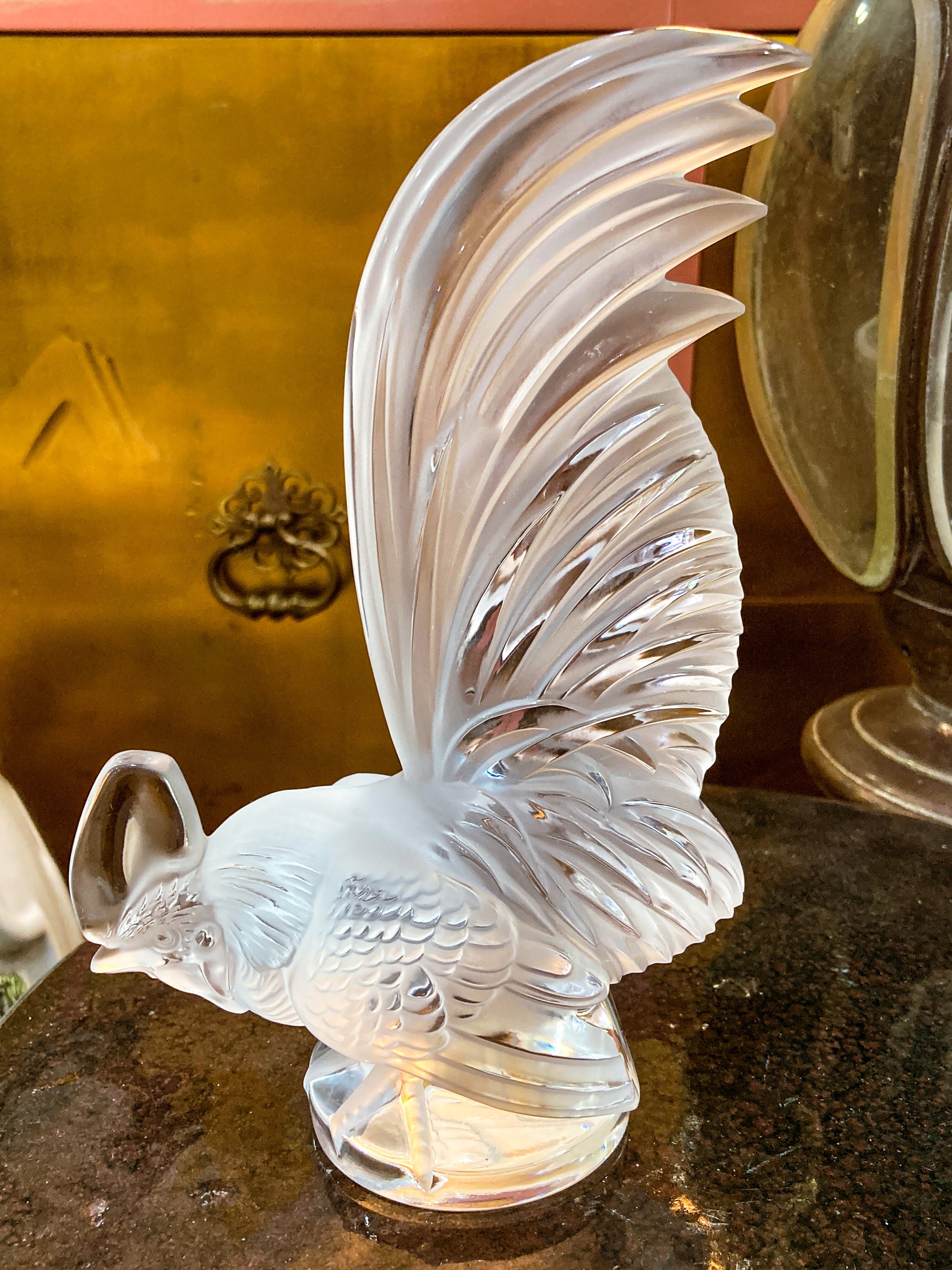 20th Century  Lalique Frosted Clear Crystal Rooster Figurine Sculpture