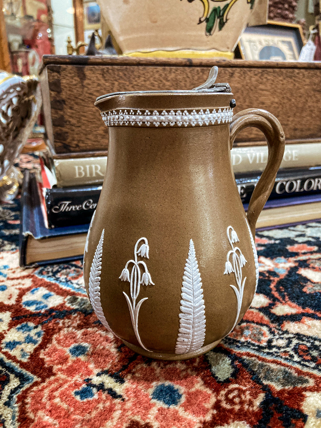 Antique 1850s Dudson Pottery English White Flora Tan Wedgwood Style Syrup Jug