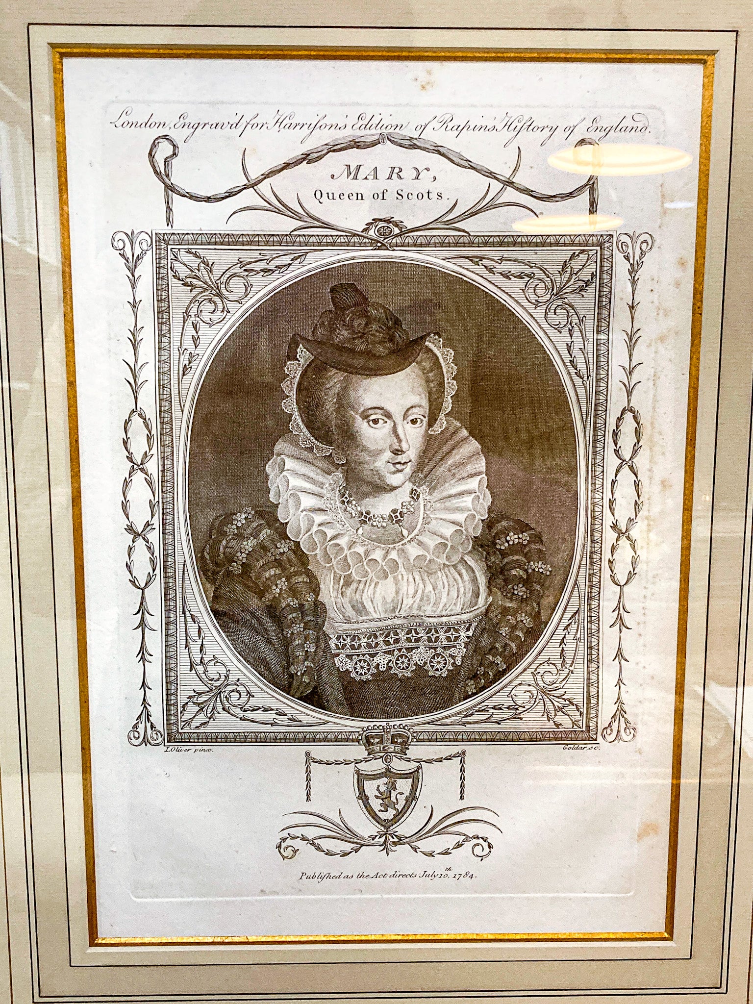 Pair Antique 18th Century Royal England Scotland Queen Framed Prints