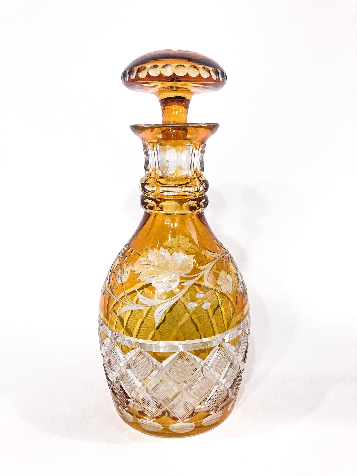 Antique Amber Cut To Clear Floral Vine Motif Mushroom Top Decanter Side 1