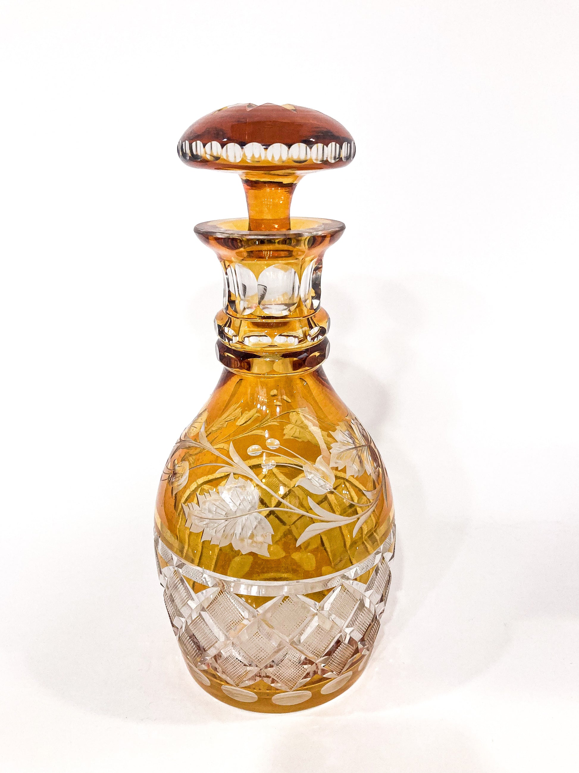 Antique Amber Cut To Clear Floral Vine Motif Mushroom Top Decanter Side 3