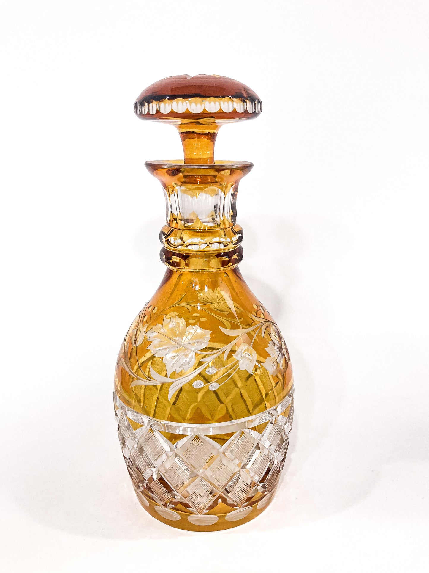 Antique Amber Cut To Clear Floral Vine Motif Mushroom Top Decanter Side 4