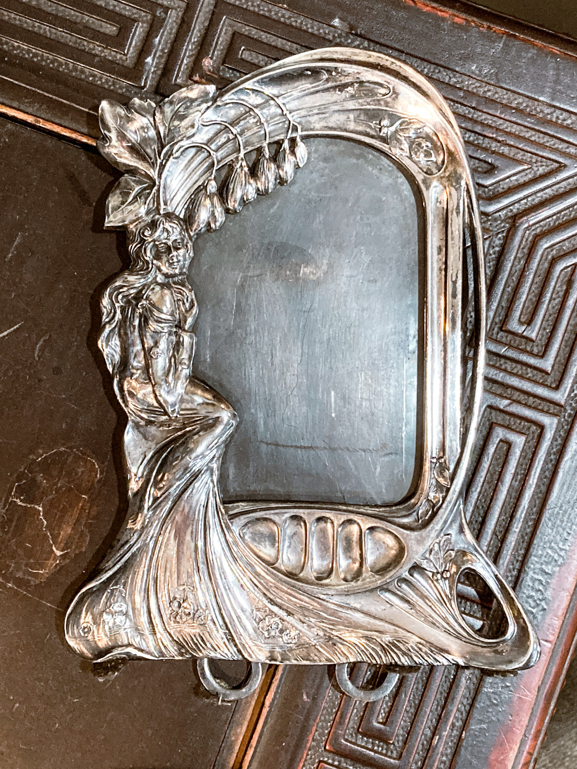 Antique 1900s Austrian Art Nouveau Silvered Pewter Figural Picture Frame