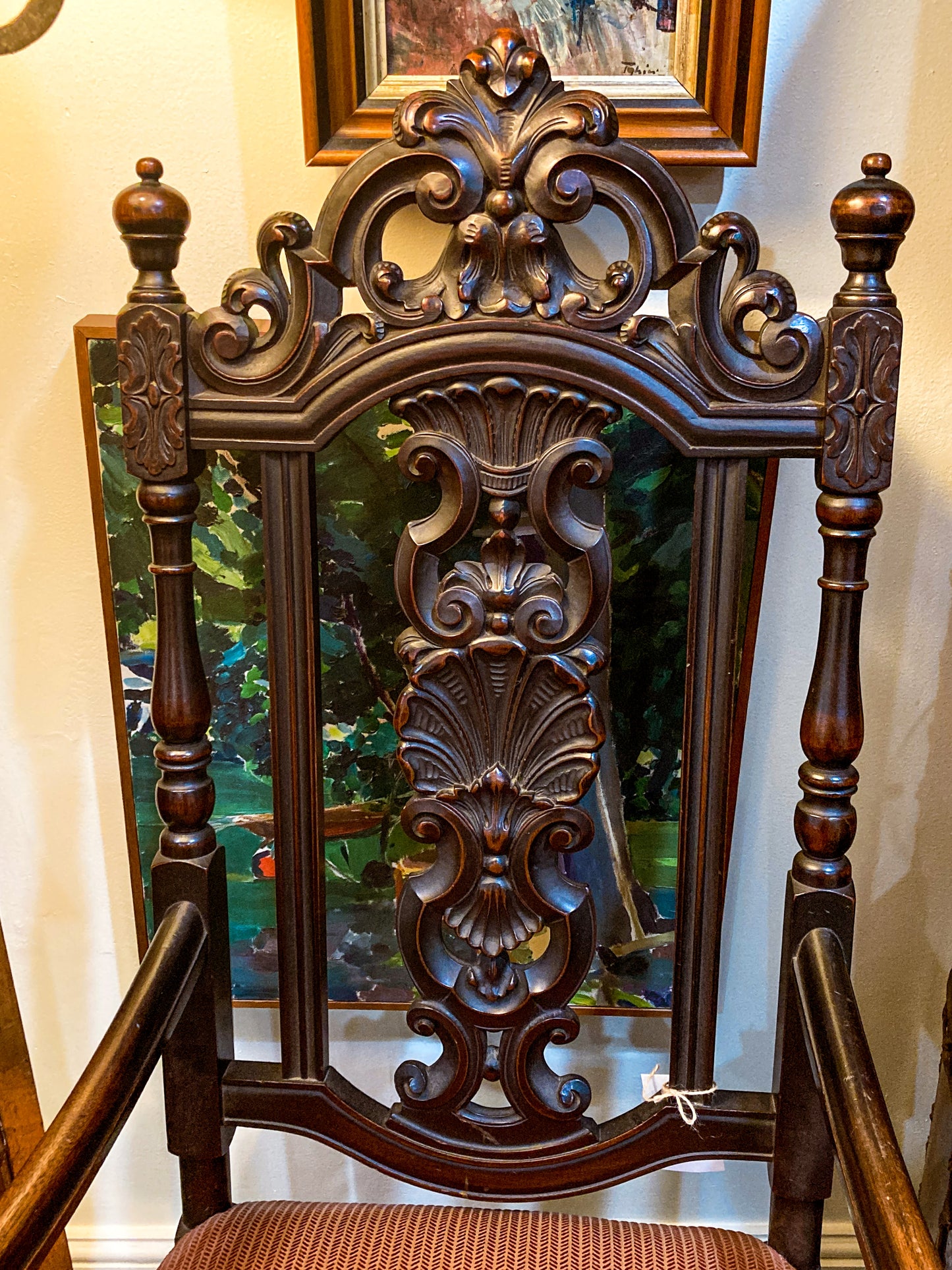 Antique 1900s Jacobean Style Carved Walnut Wood Upholstered Throne Chair Close Up Back