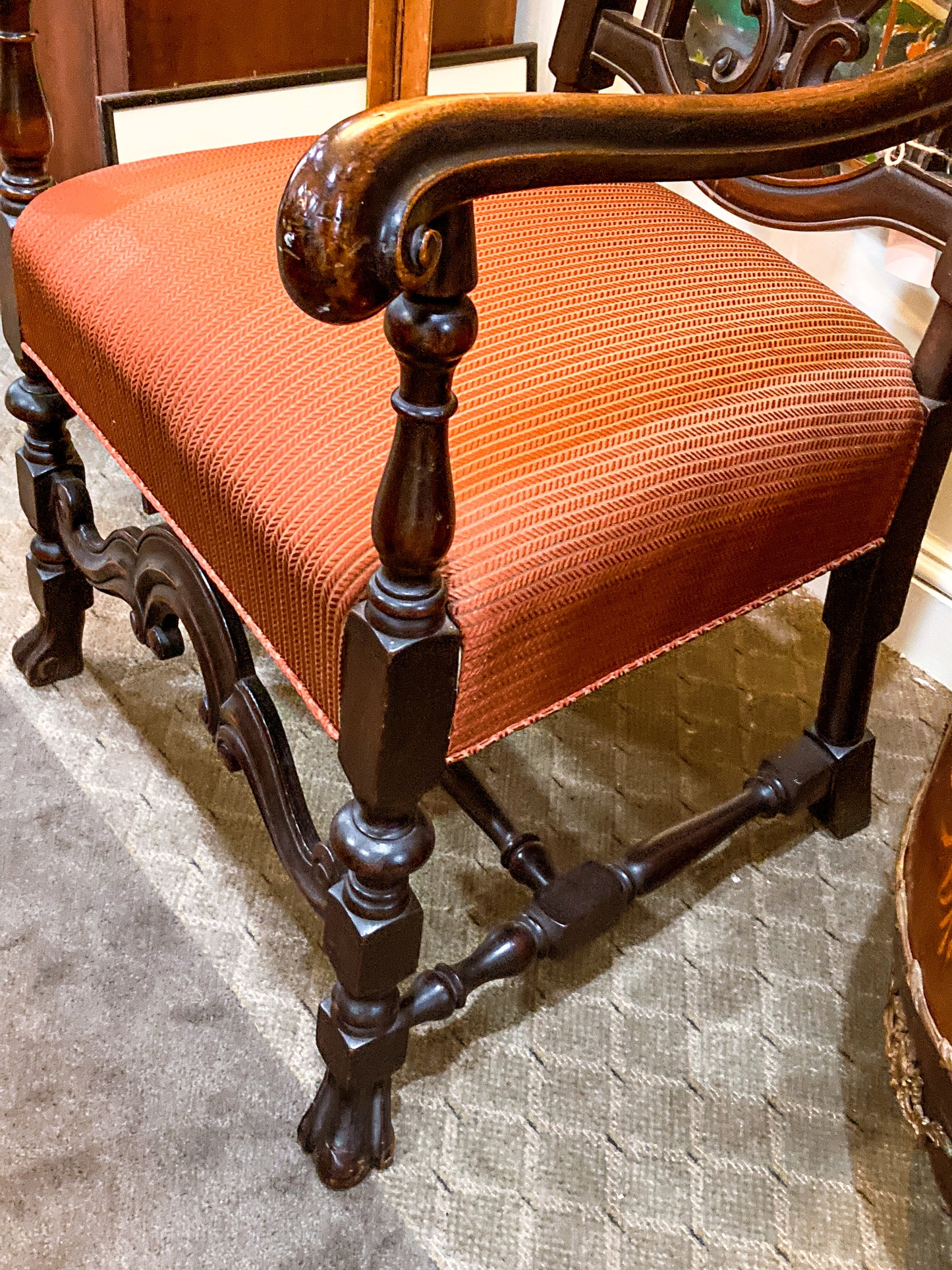 Antique 1900s Jacobean Style Carved Walnut Wood Upholstered Throne Chair