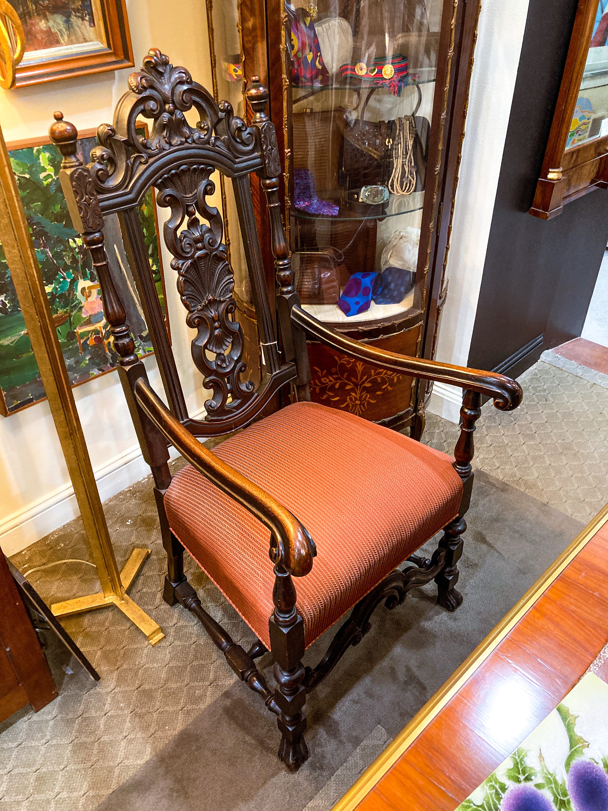 Antique 1900s Jacobean Style Carved Walnut Wood Upholstered Throne Chair