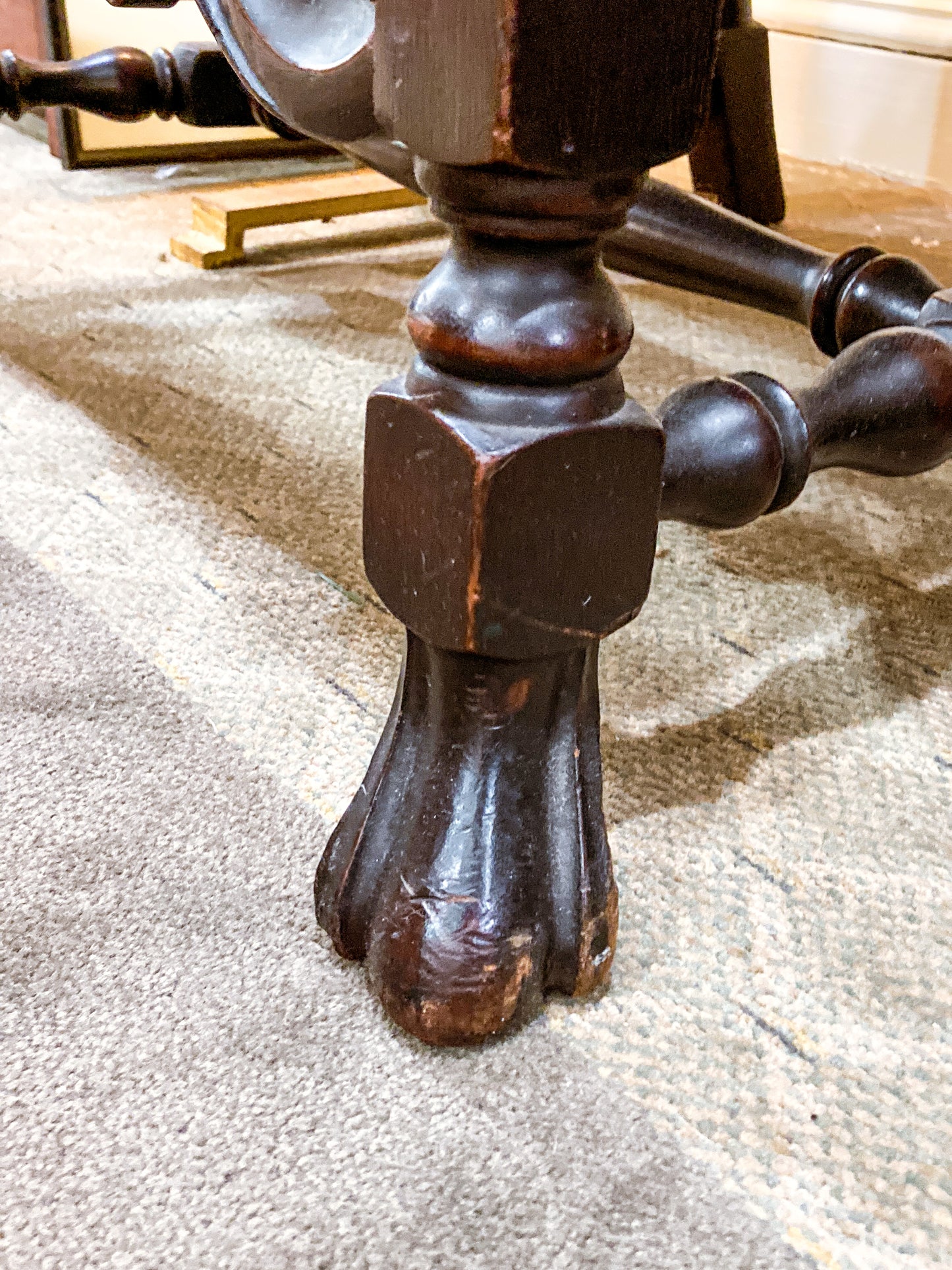 Antique 1900s Jacobean Style Carved Walnut Wood Upholstered Throne Chair Foot Close Up