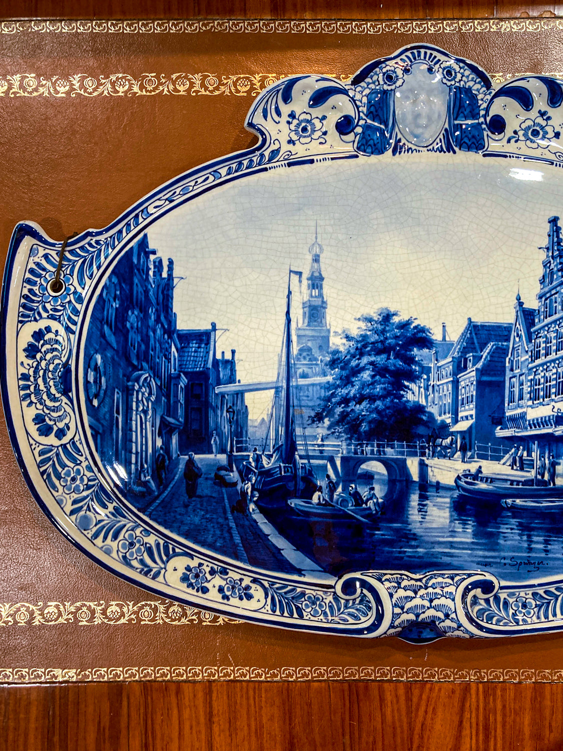 Antique 1910 Delft Blue White Hand Painted Landscape Porcelain Wall Plaque