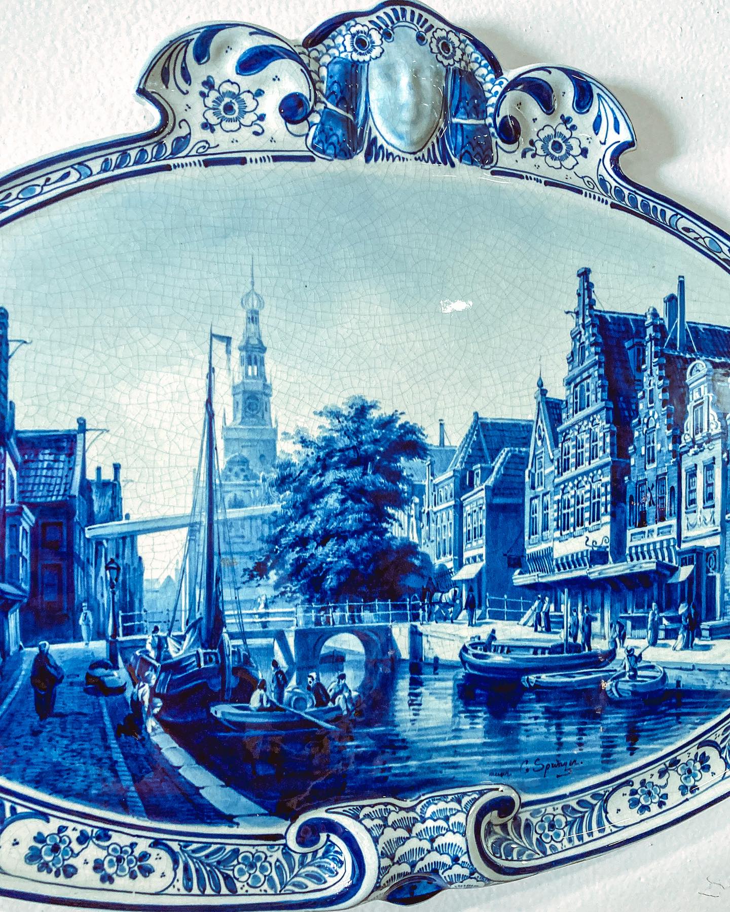 Antique 1910 Delft Blue White Hand Painted Landscape Porcelain Wall Plaque