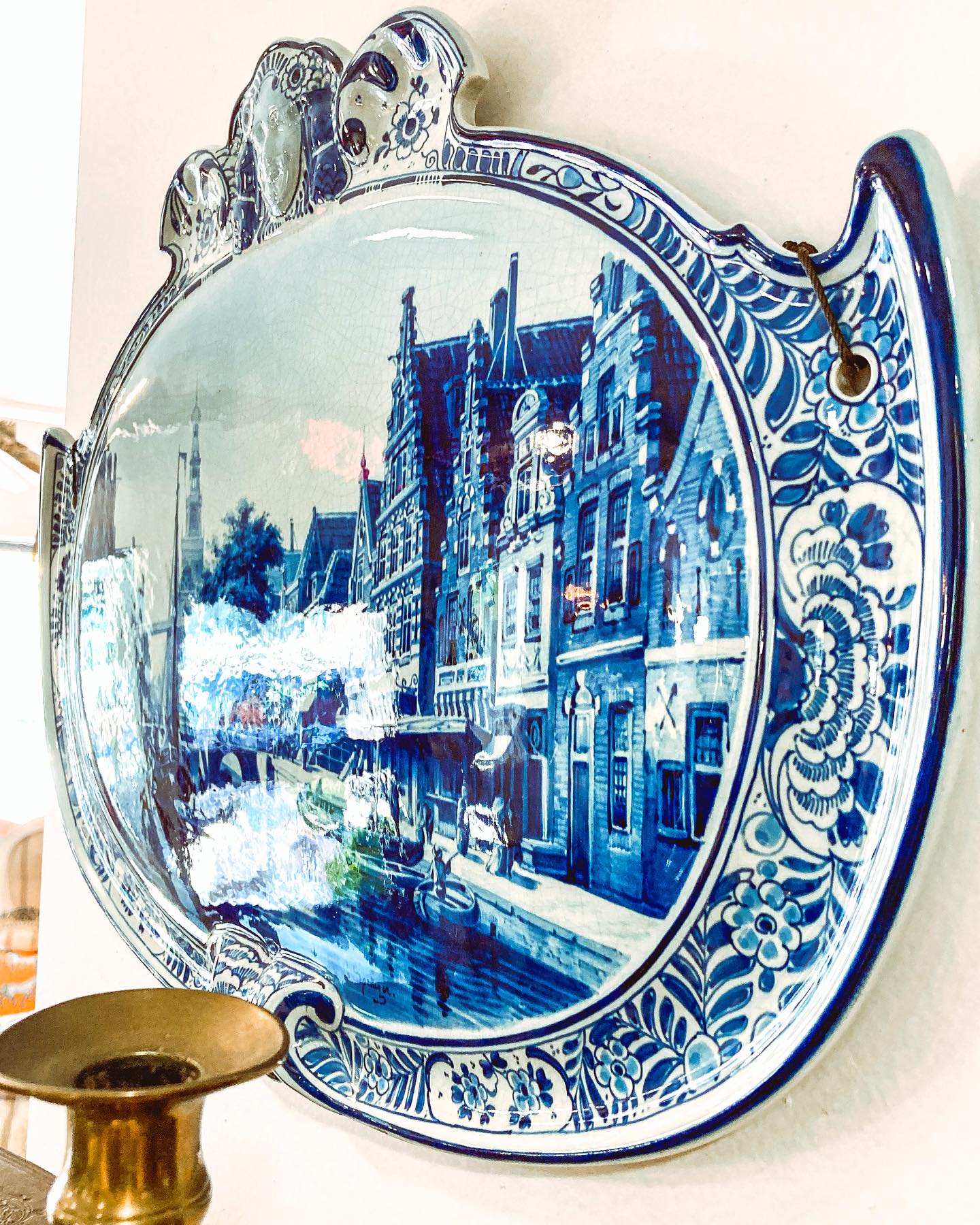 Antique 1910 Delft Blue White Hand Painted Landscape Porcelain Wall Plaque