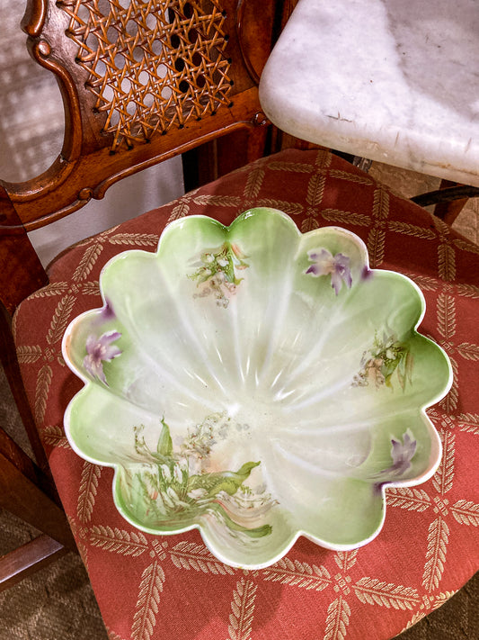 Antique 1930s German Silesien Lily of the Valley Scalloped Footed Porcelain Bowl