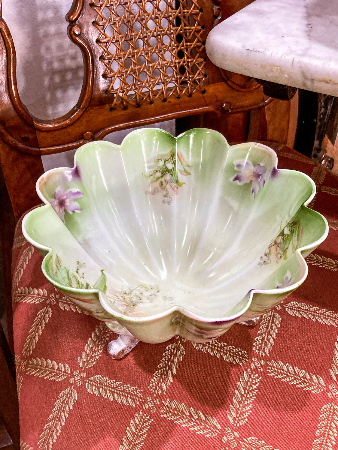 Antique 1930s German Silesien Lily of the Valley Scalloped Footed Porcelain Bowl