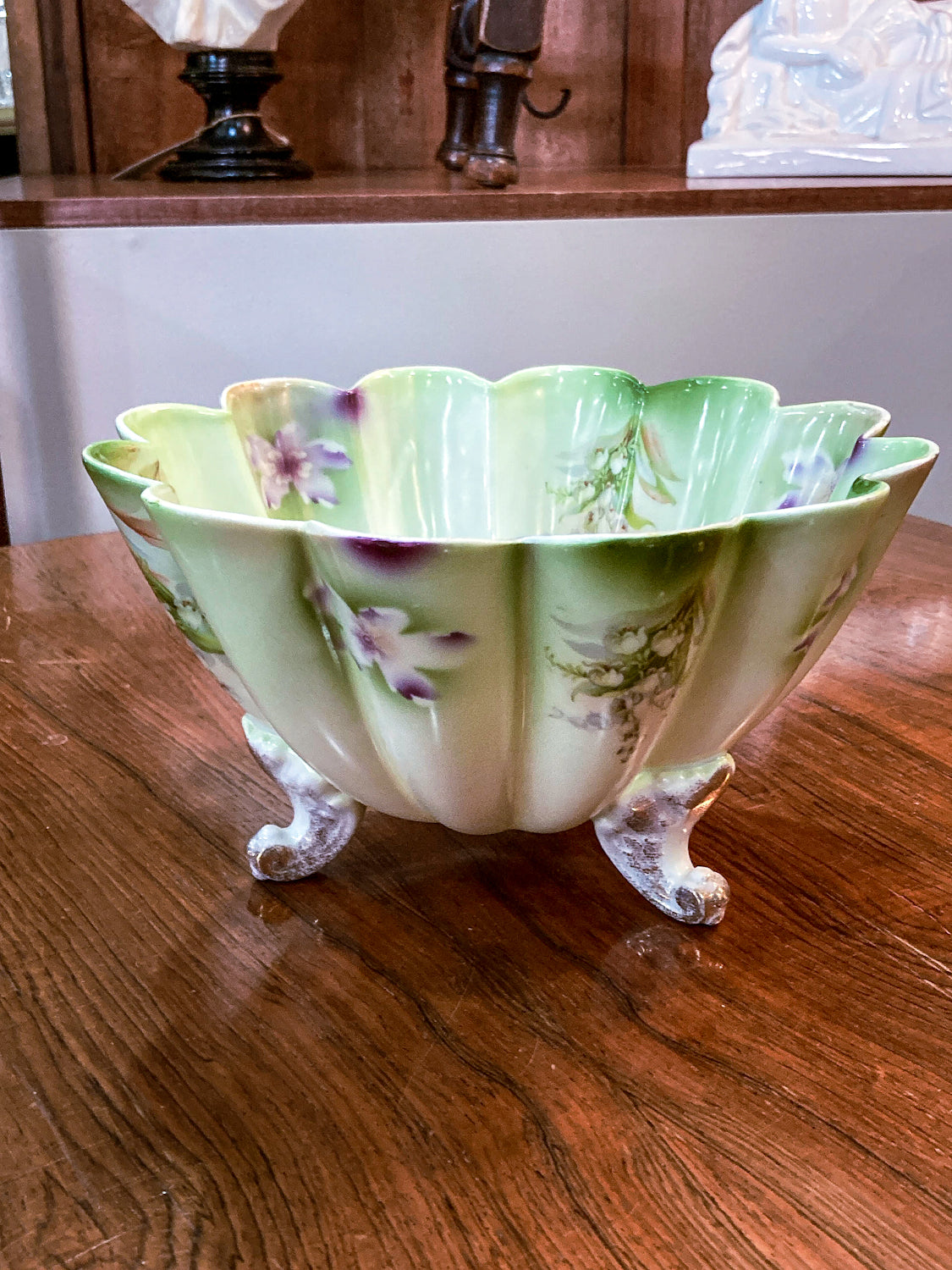 Antique 1930s German Silesien Lily of the Valley Scalloped Footed Porcelain Bowl