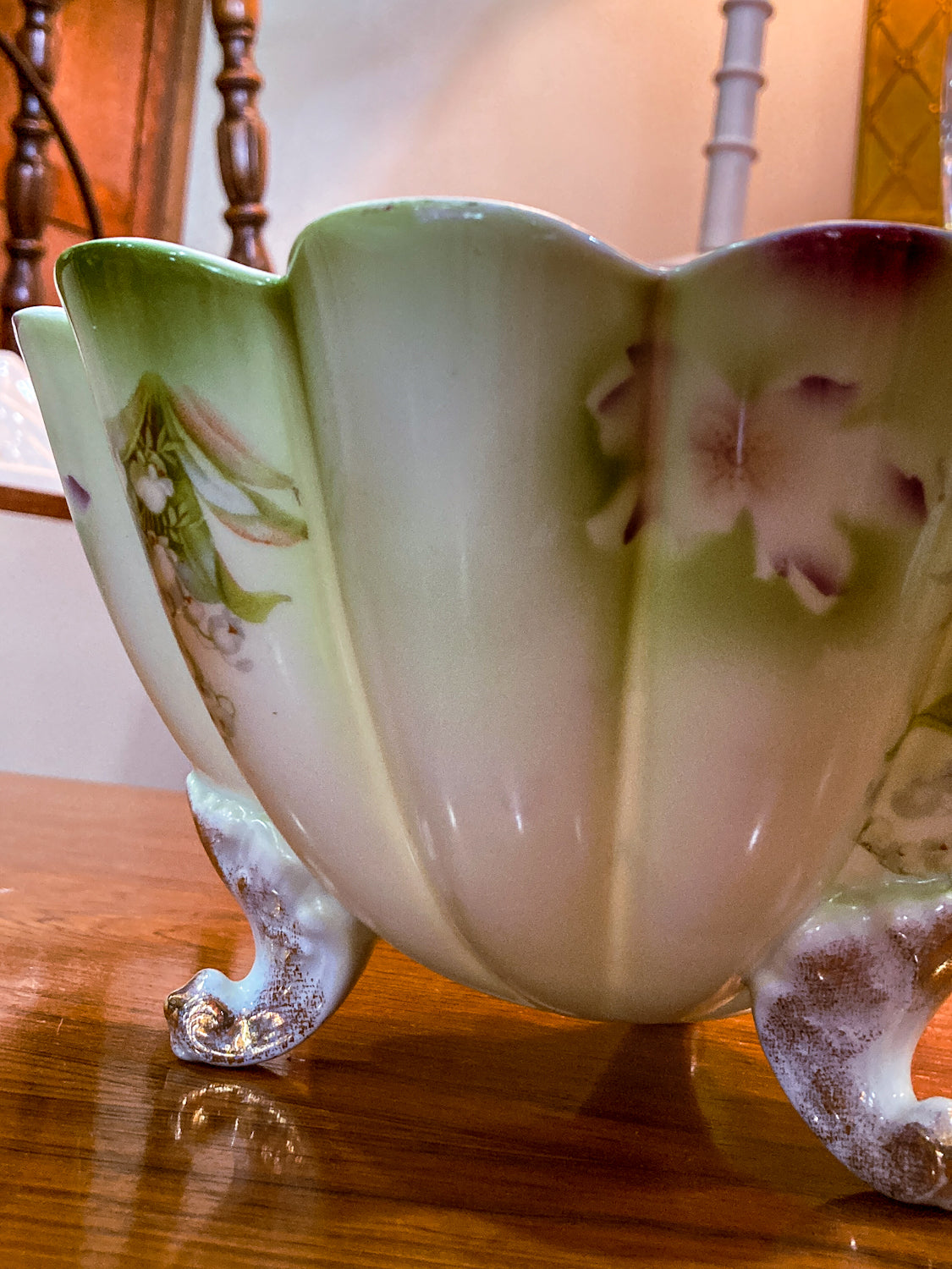 Antique 1930s German Silesien Lily of the Valley Scalloped Footed Porcelain Bowl