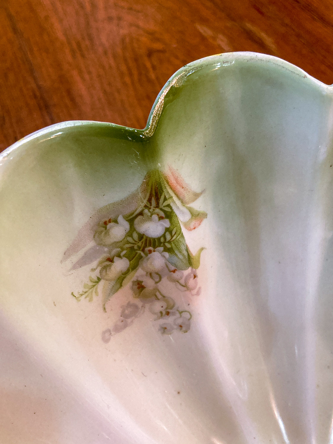 Antique 1930s German Silesien Lily of the Valley Scalloped Footed Porcelain Bowl