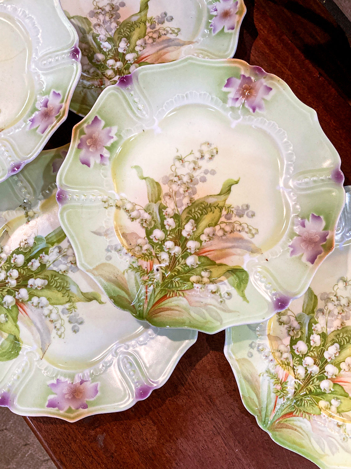 Antique 1930s Set of Six German Silesien Lily of the Valley Porcelain Dessert Plates