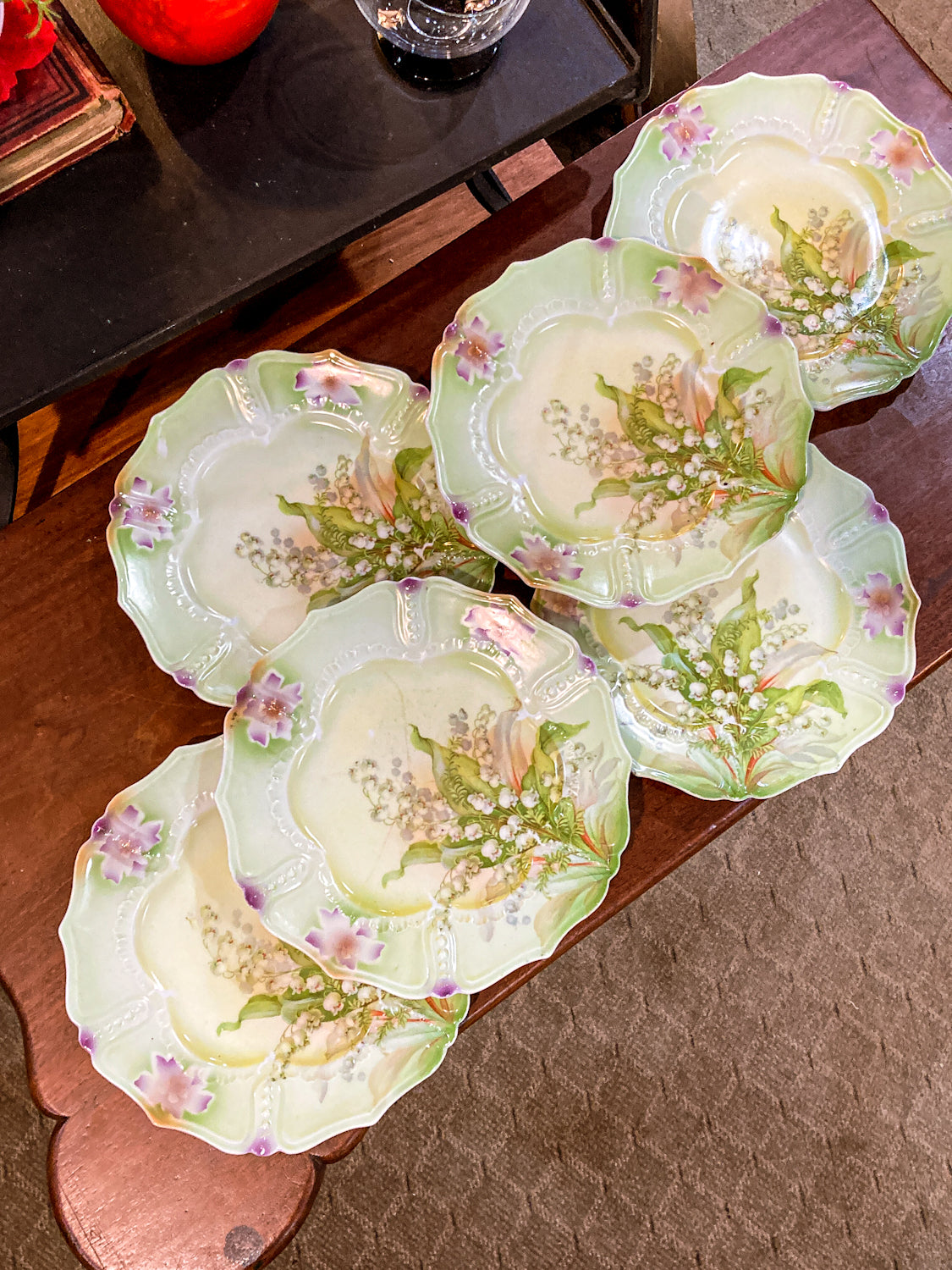 Antique 1930s Set of Six German Silesien Lily of the Valley Porcelain Dessert Plates