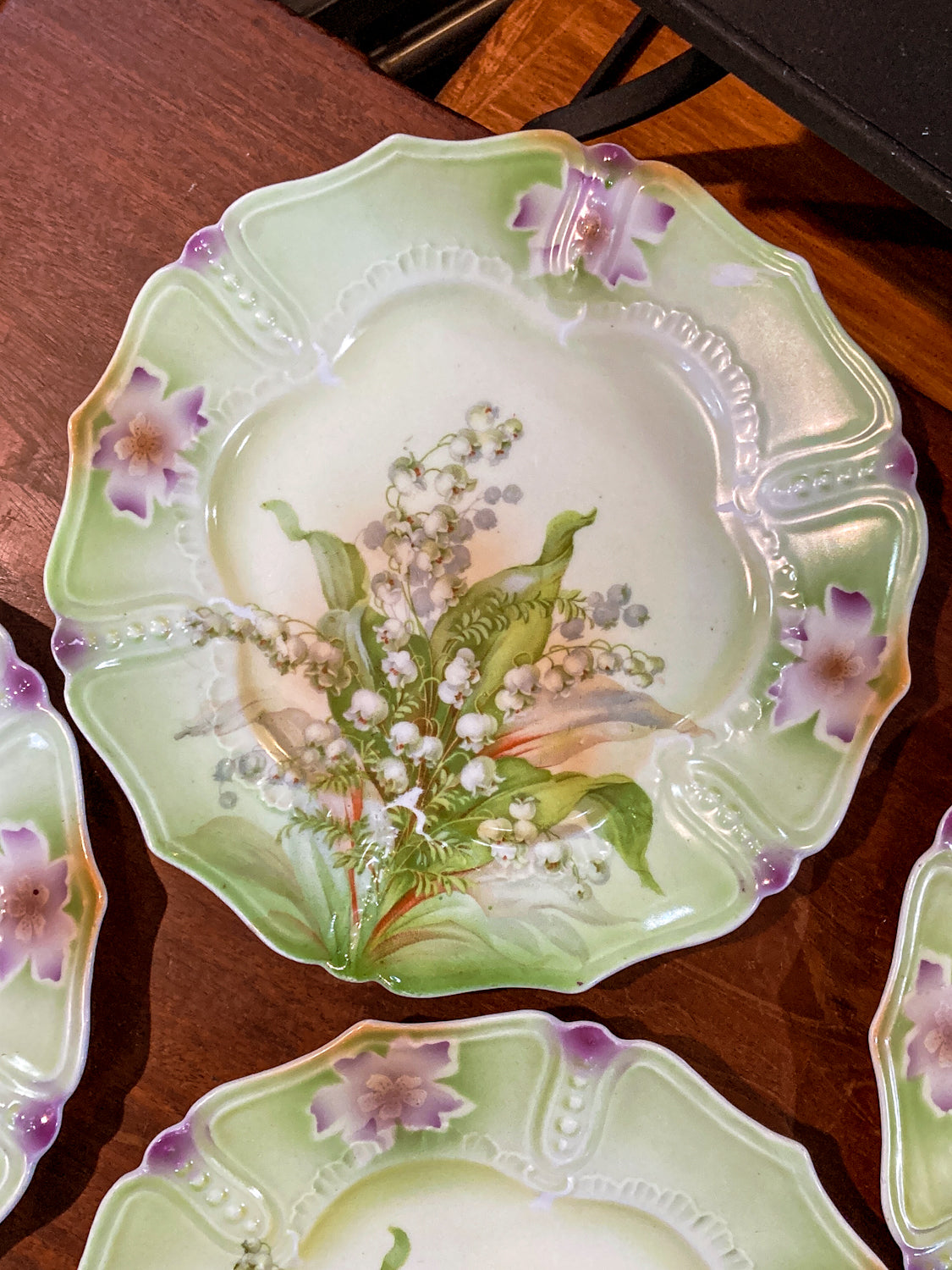 Antique 1930s Set of Six German Silesien Lily of the Valley Porcelain Dessert Plates