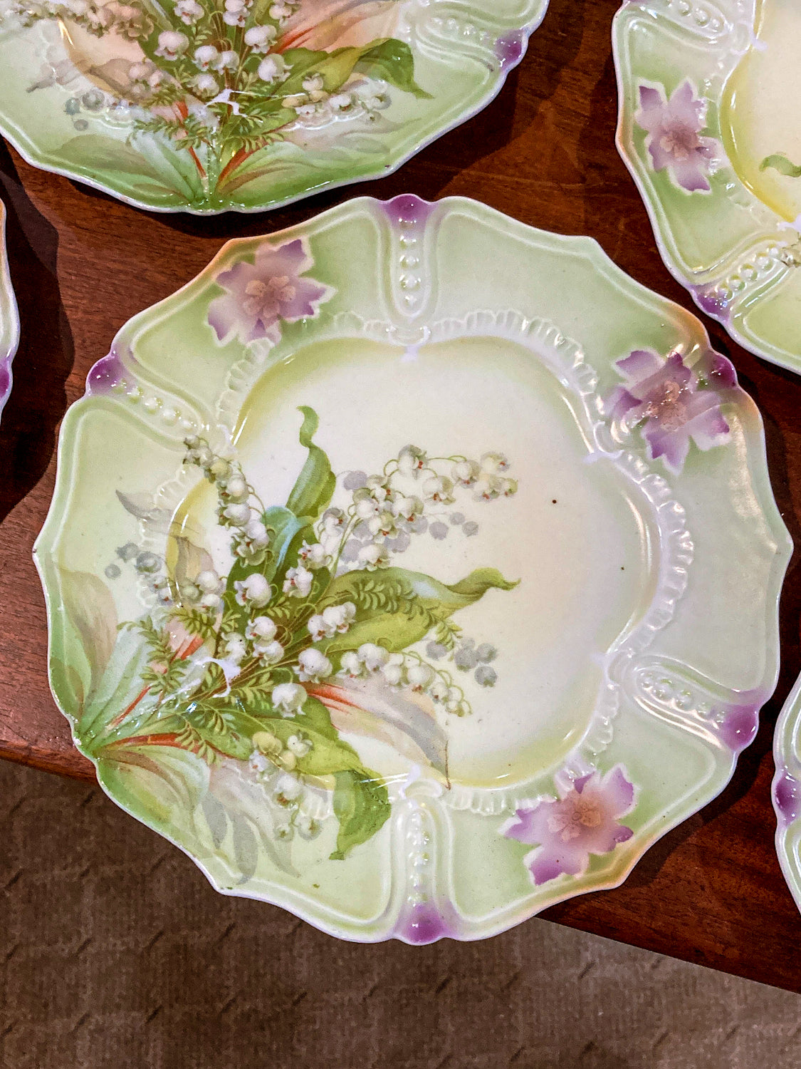 Antique 1930s Set of Six German Silesien Lily of the Valley Porcelain Dessert Plates