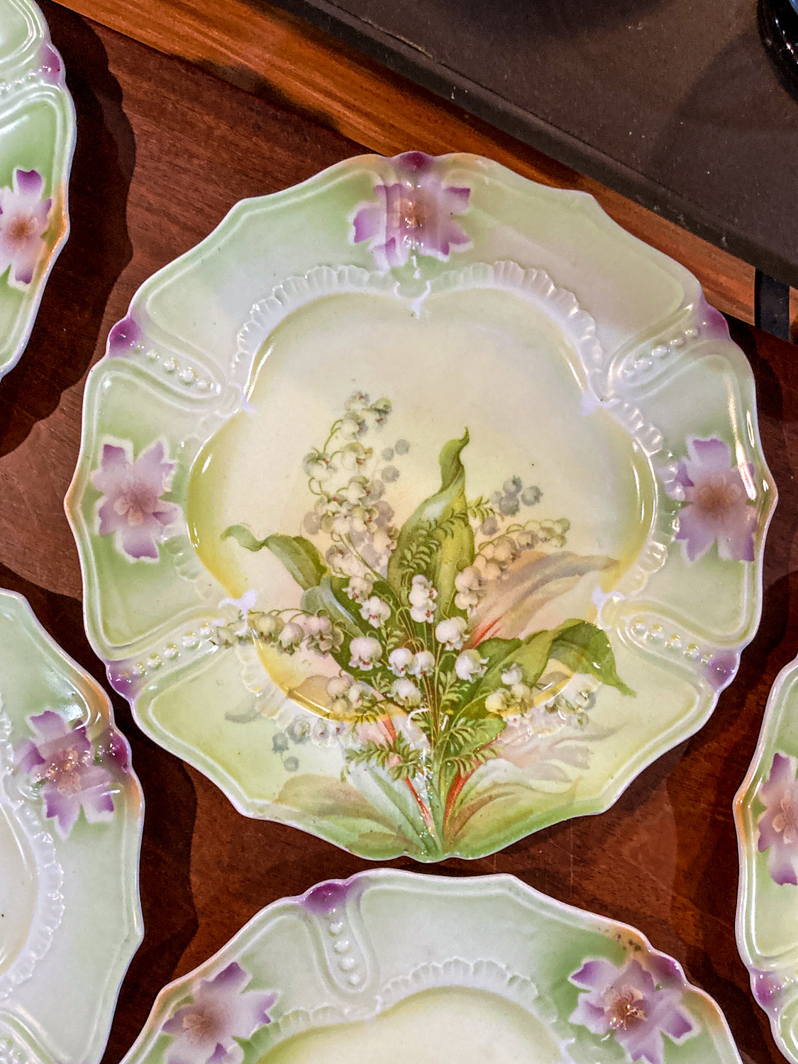 Antique 1930s Set of Six German Silesien Lily of the Valley Porcelain Dessert Plates