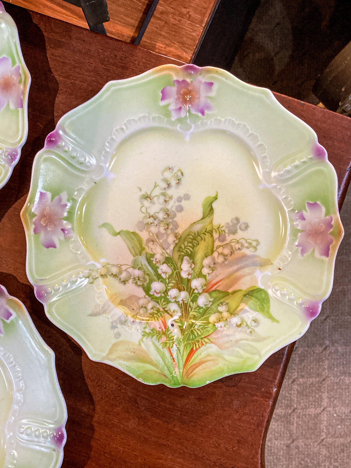 Antique 1930s Set of Six German Silesien Lily of the Valley Porcelain Dessert Plates