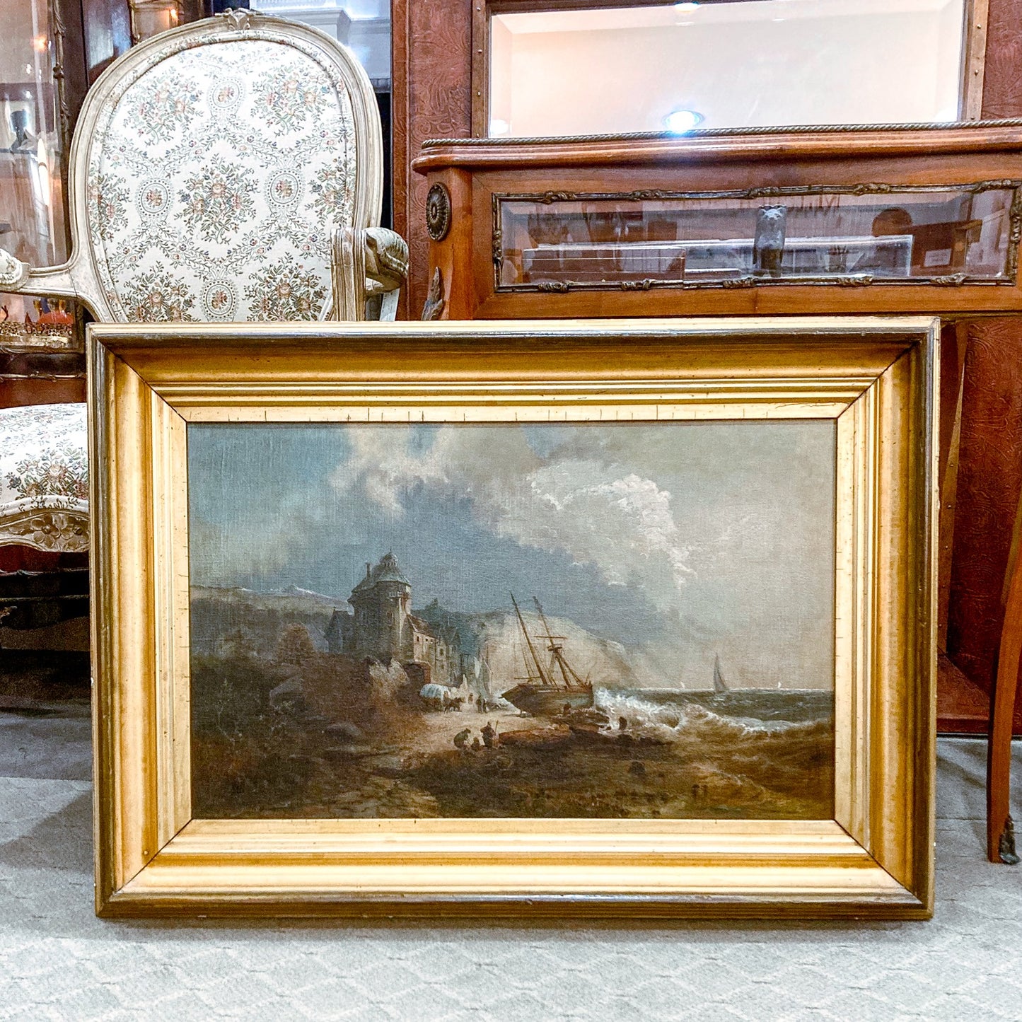 Antique 19th Century Dover Cliff Seaside Landscape Framed Oil Painting