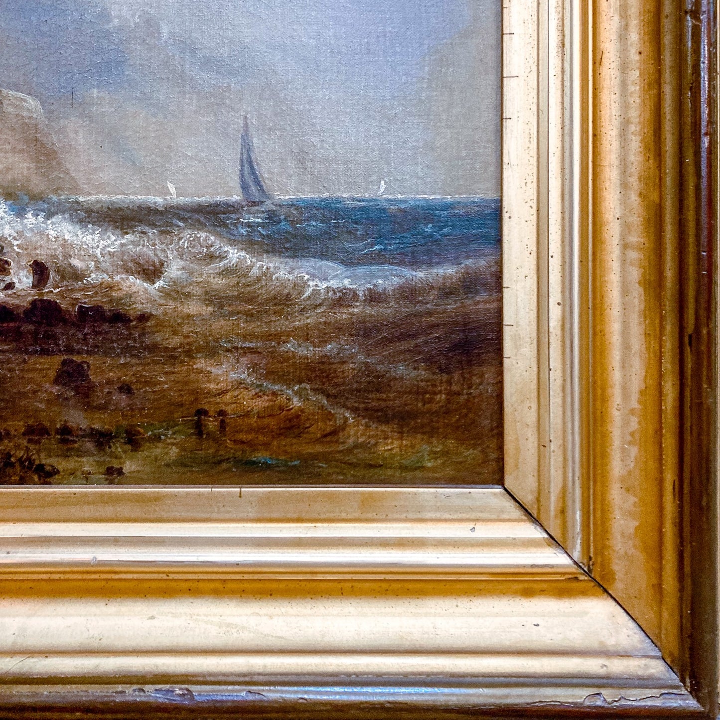 Antique 19th Century Dover Cliff Seaside Landscape Framed Oil Painting