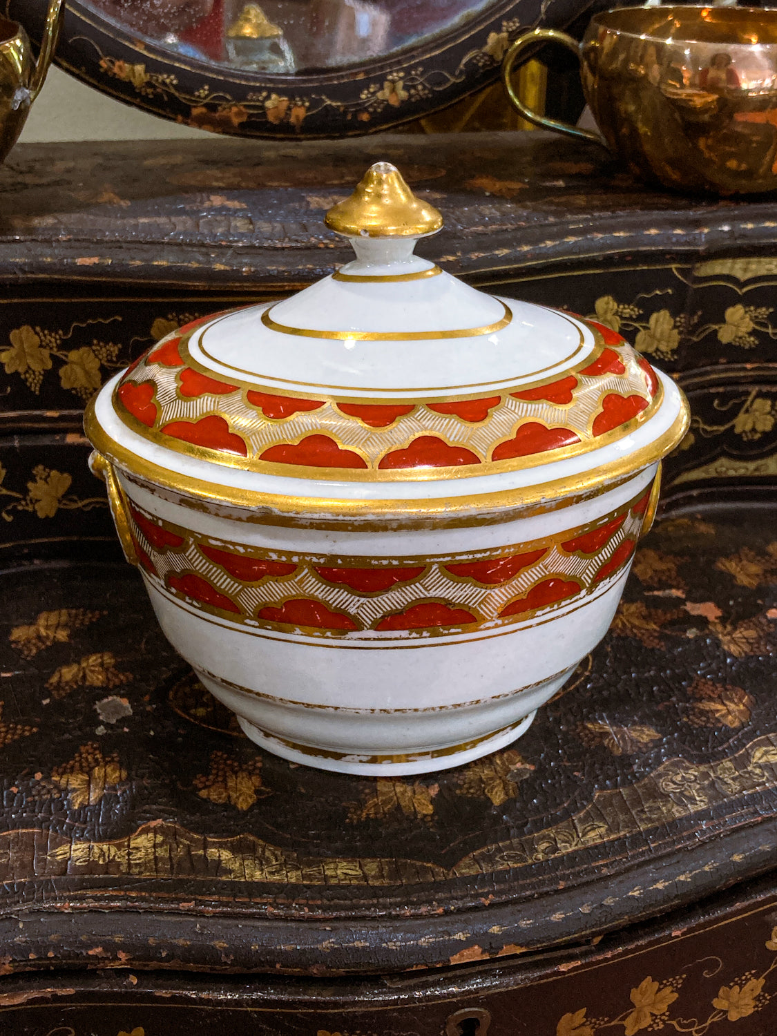 Antique 19th Century English Gilt Gold Iron Red Decorated Covered Porcelain Sugar Bowl