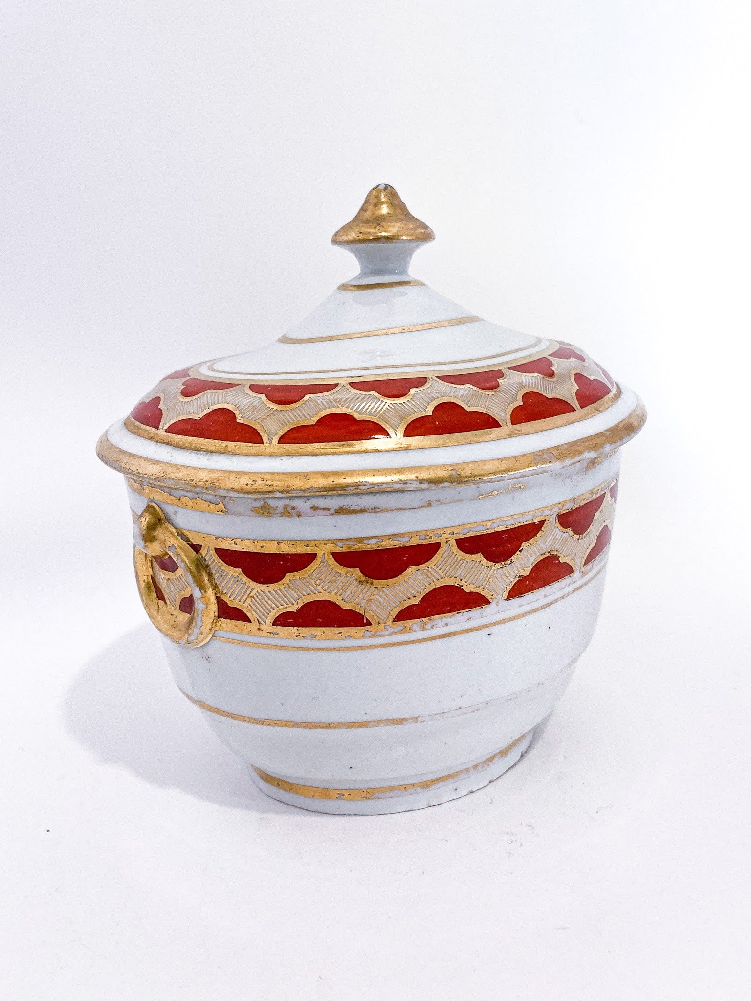 Antique 19th Century English Gilt Gold Iron Red Decorated Covered Porcelain Sugar Bowl