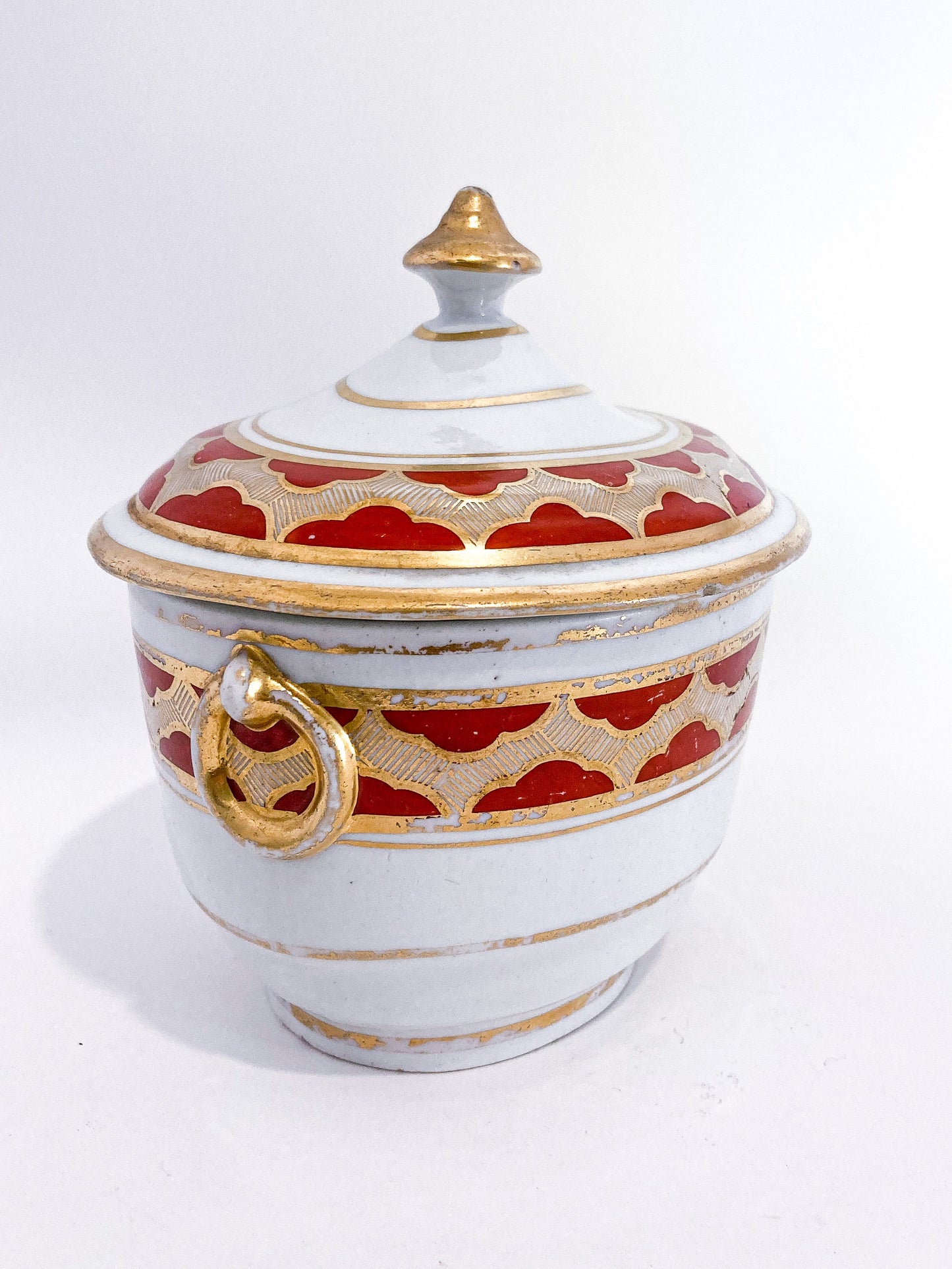 Antique 19th Century English Gilt Gold Iron Red Decorated Covered Porcelain Sugar Bowl