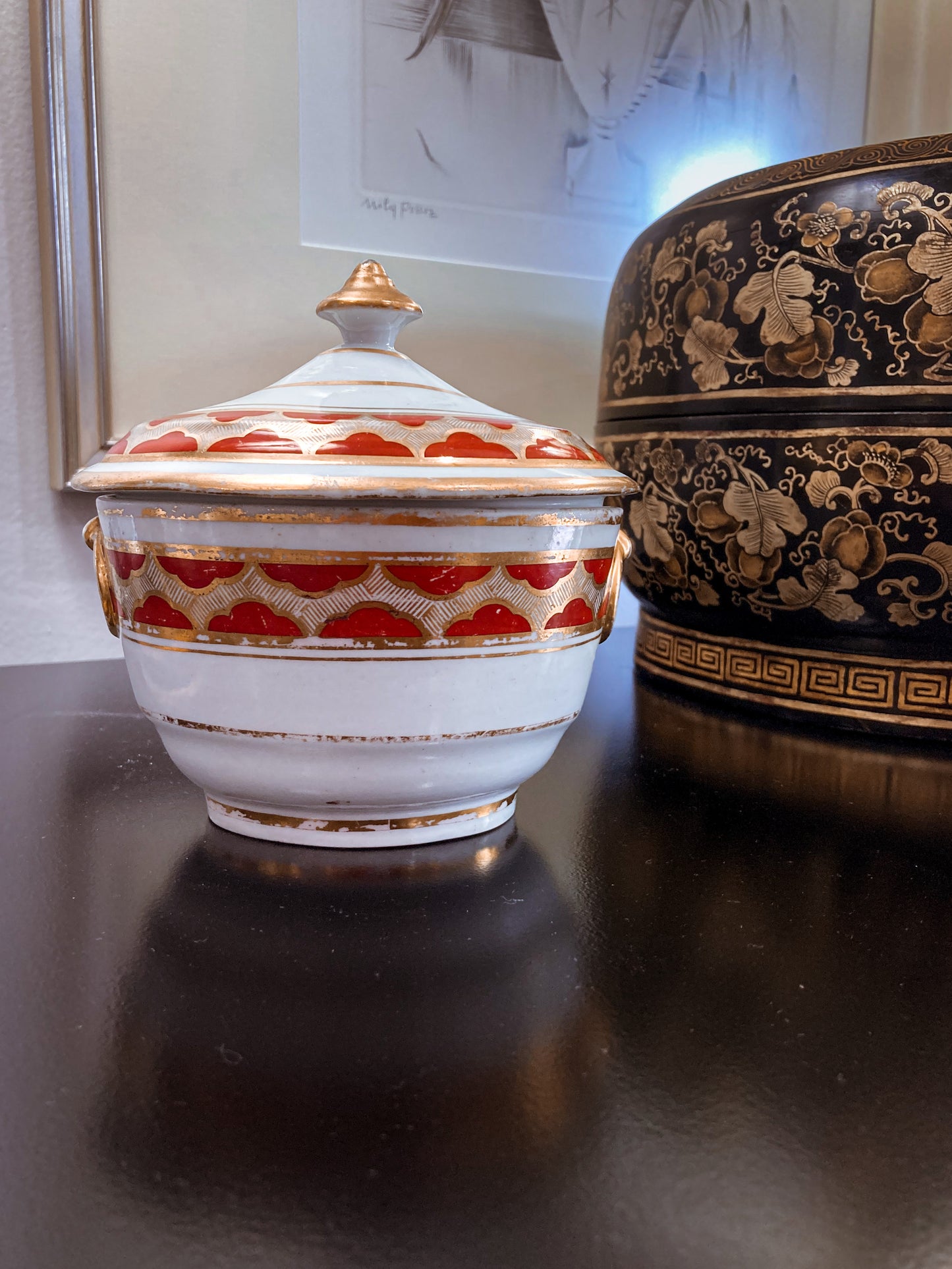 Antique 19th Century English Gilt Gold Iron Red Decorated Covered Porcelain Sugar Bowl