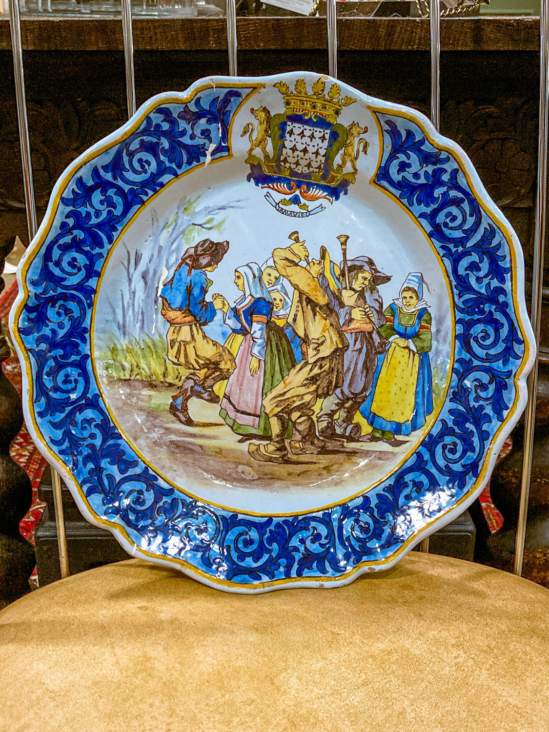 Antique 19th Century French Porquier Quimper Charger Plate As Found