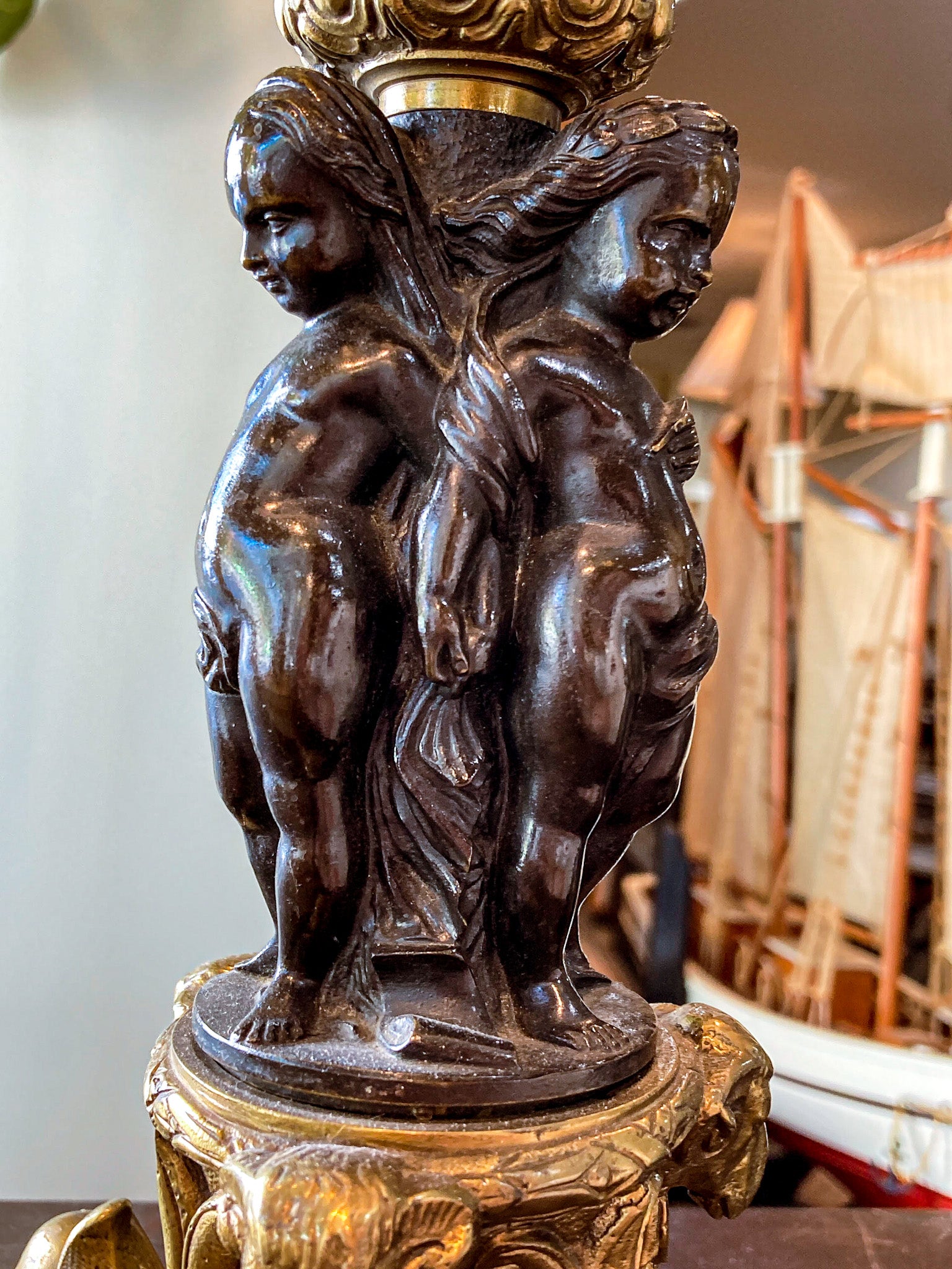 Antique 19th Century French Bronze Putti Figure Candelabra Tall Table Lamp