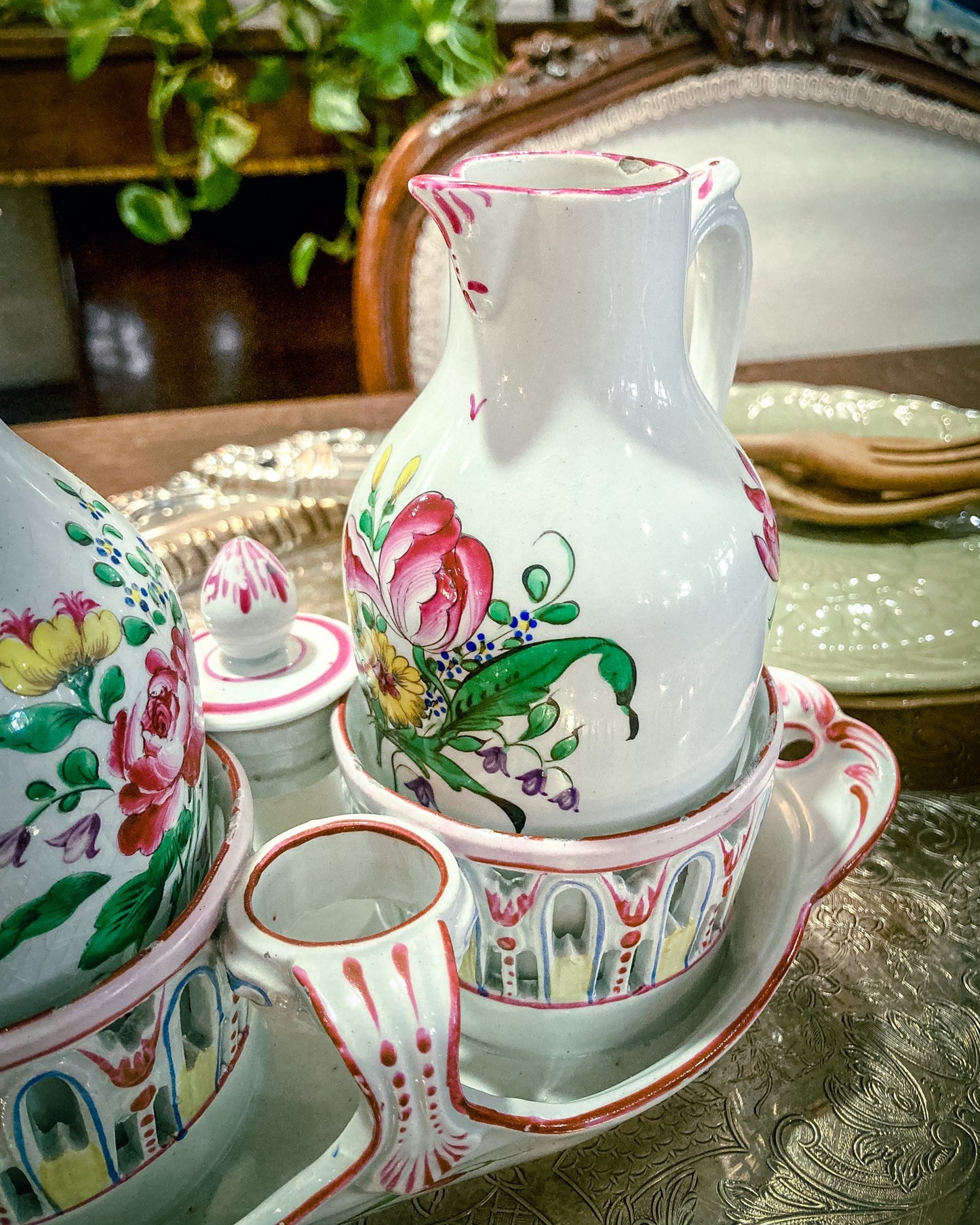 Antique 19th Century Floral Faience Earthenware Vinegar Oil Cruet Tray Set