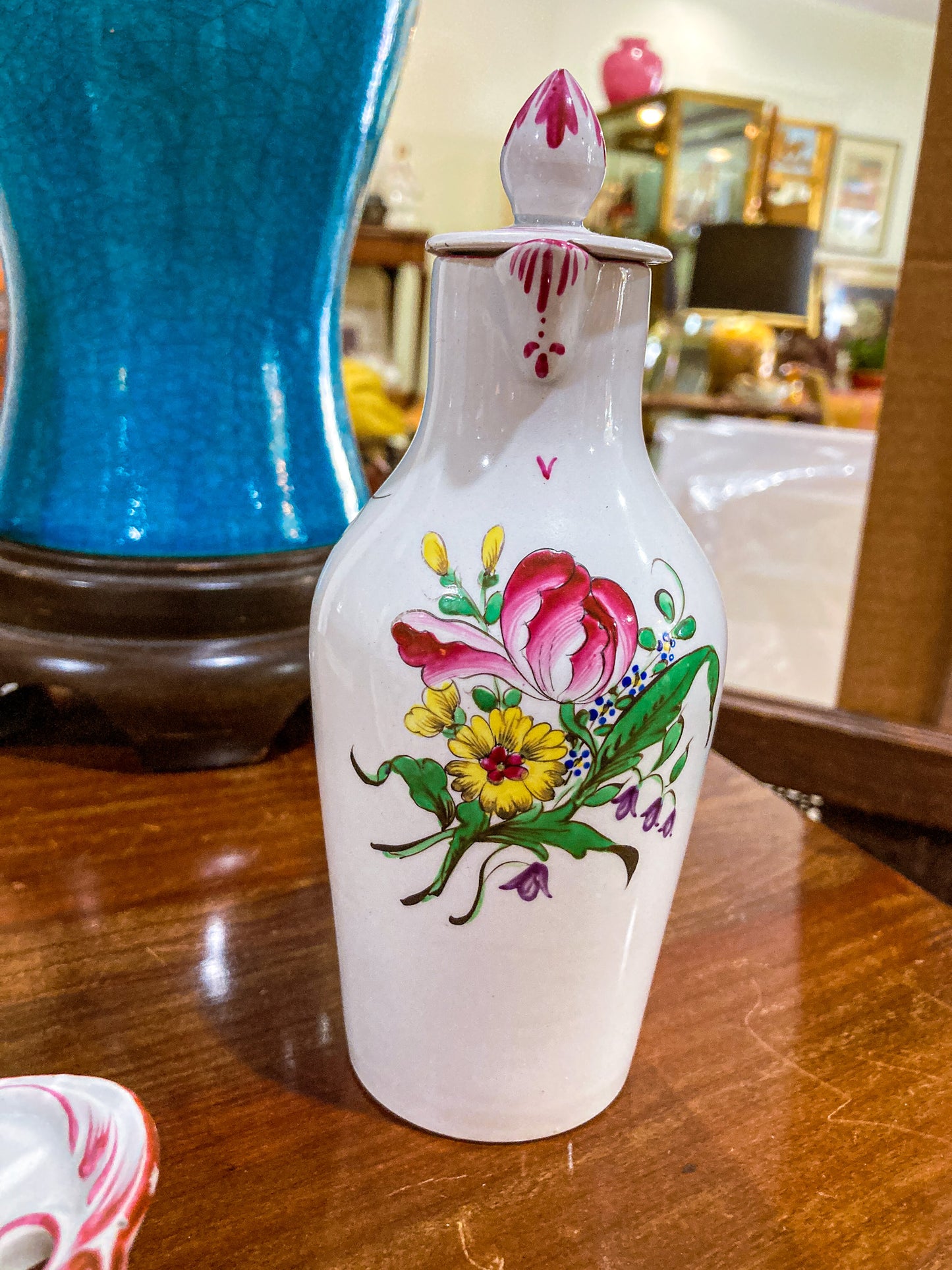 Antique 19th Century Floral Faience Earthenware Vinegar Oil Cruet Tray Set