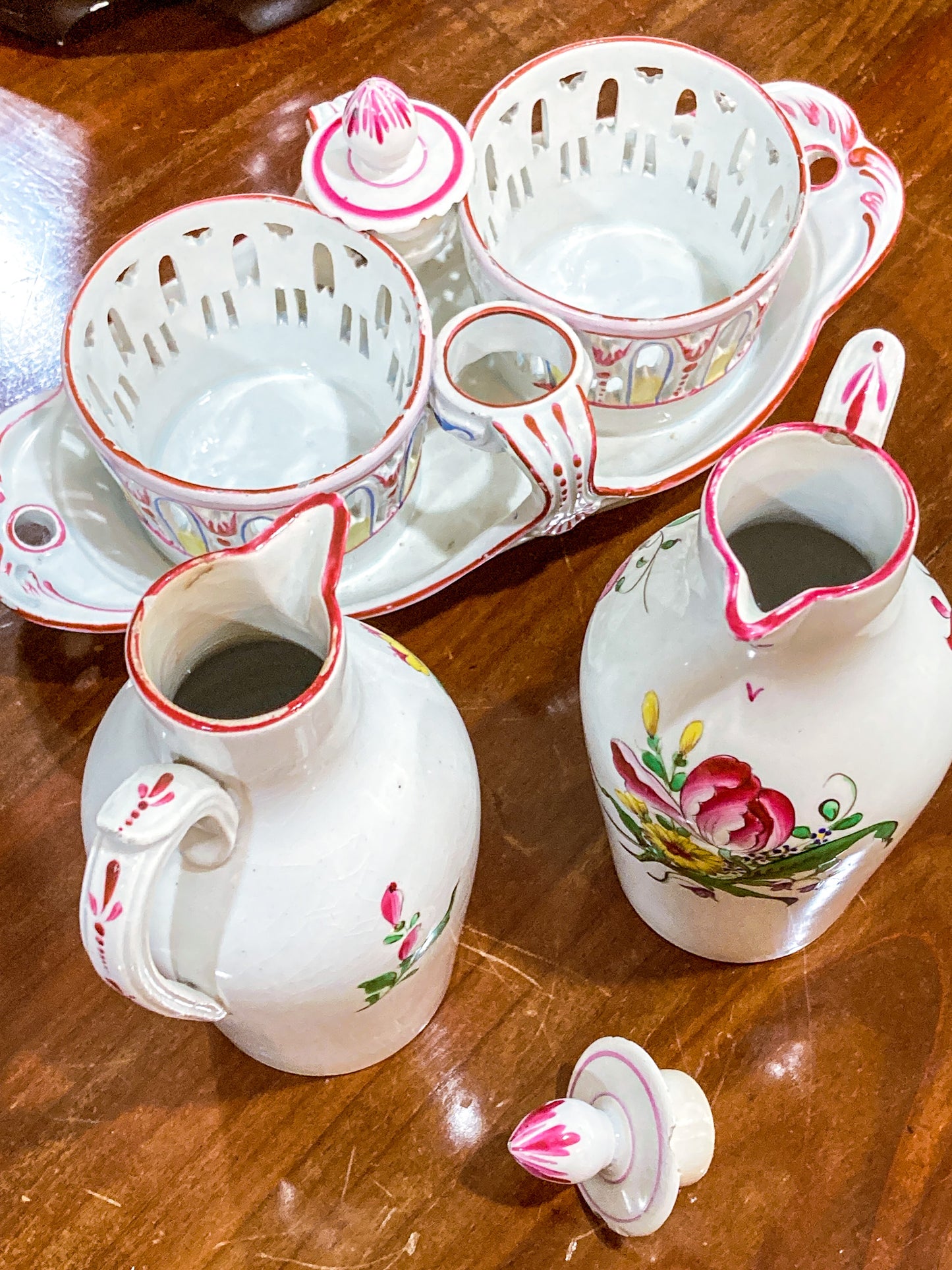 Antique 19th Century Floral Faience Earthenware Vinegar Oil Cruet Tray Set