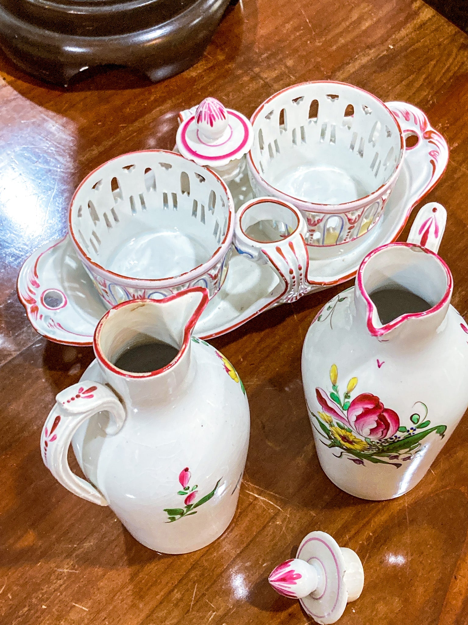 Antique 19th Century Floral Faience Earthenware Vinegar Oil Cruet Tray Set