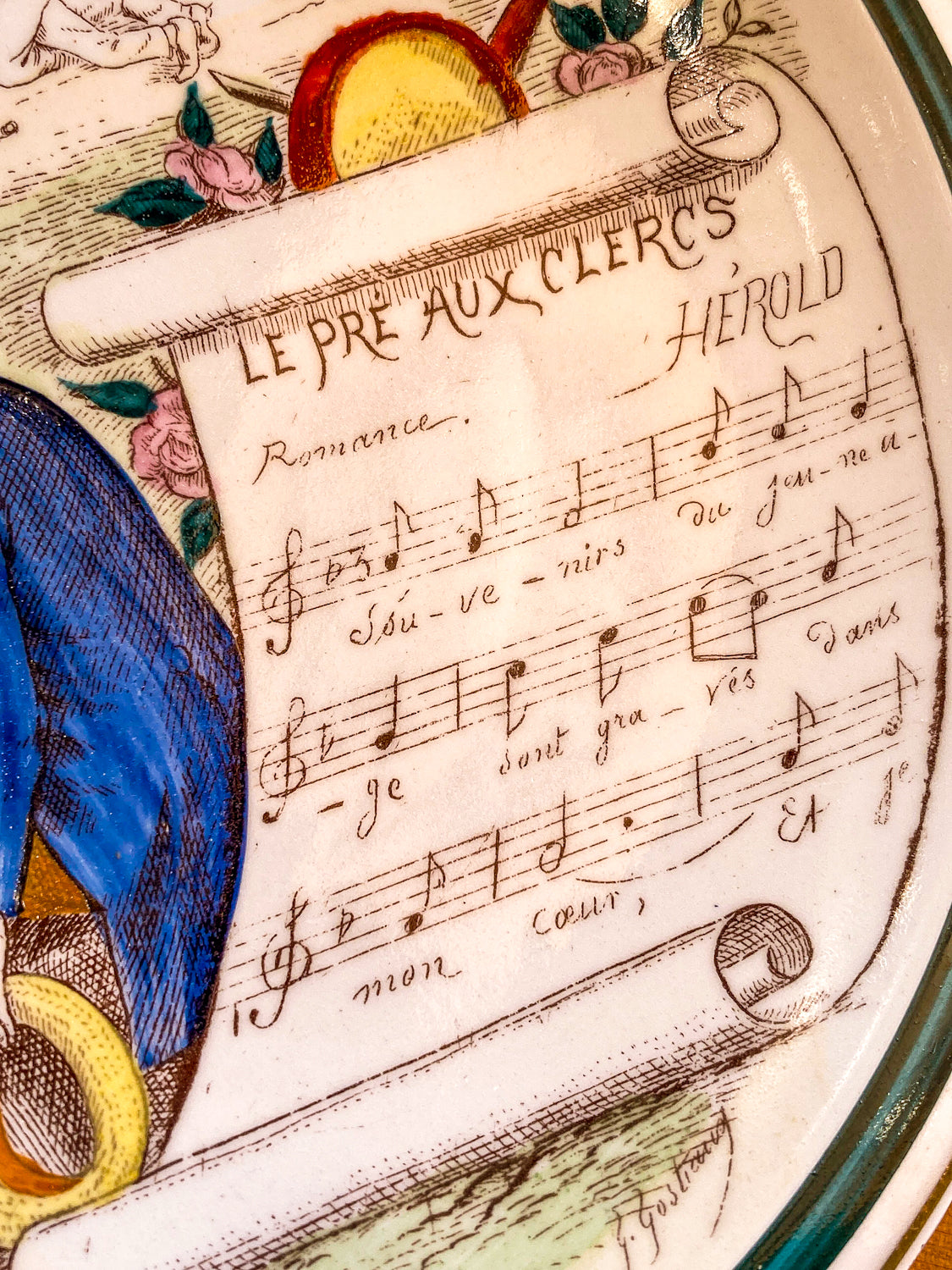 Antique 19th Century French Transfer Decorated Musical Scene Porcelain Plate