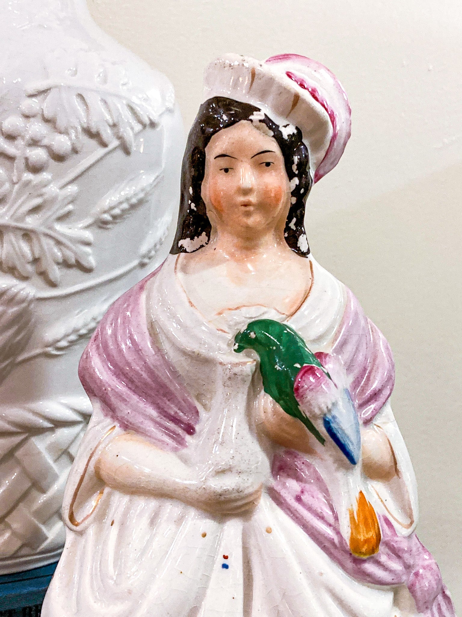 Antique 19th Century Staffordshire Lady Holding Parrot Porcelain Figure Sculpture