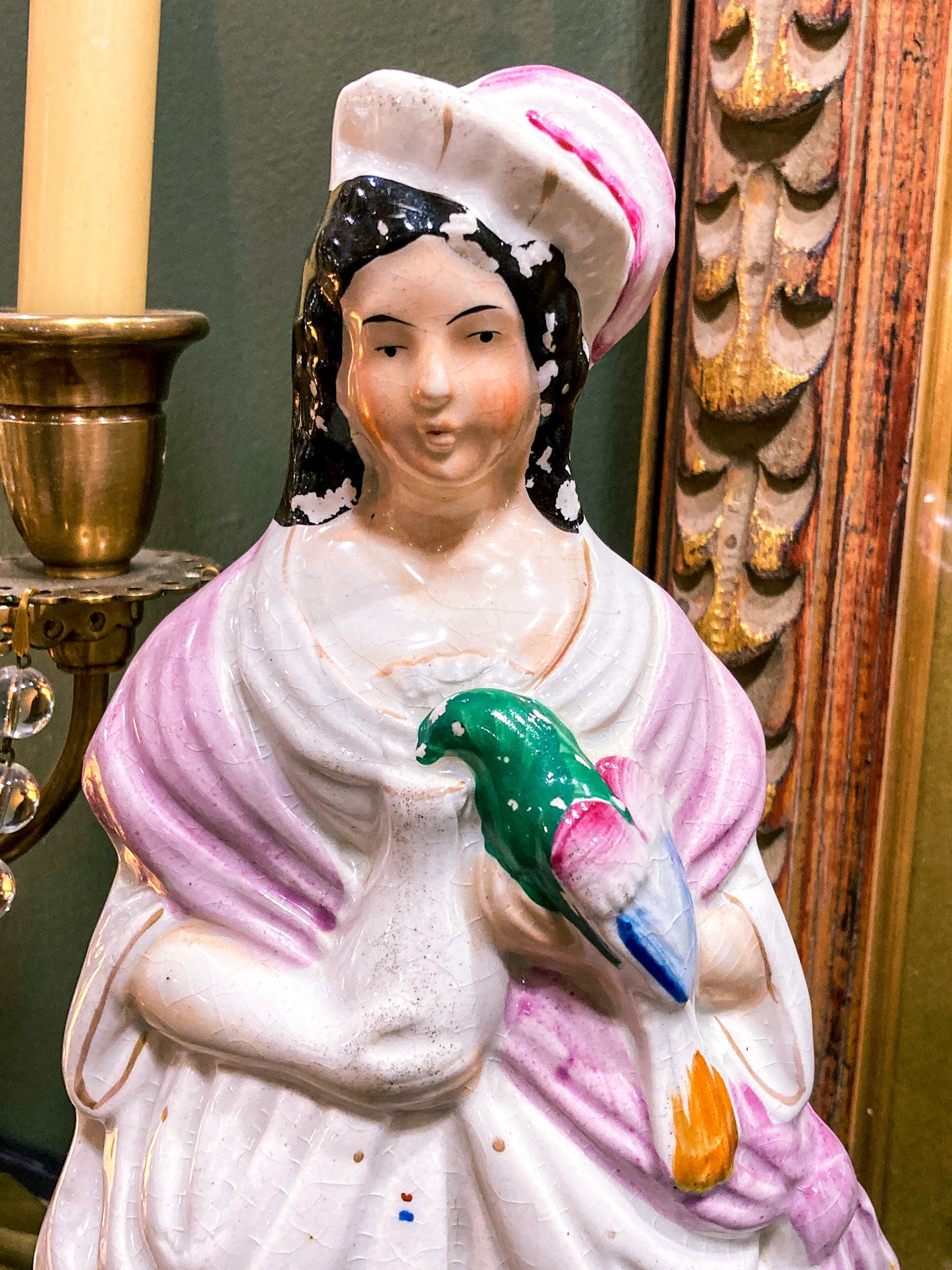 Antique 19th Century Staffordshire Lady Holding Parrot Porcelain Figure Sculpture