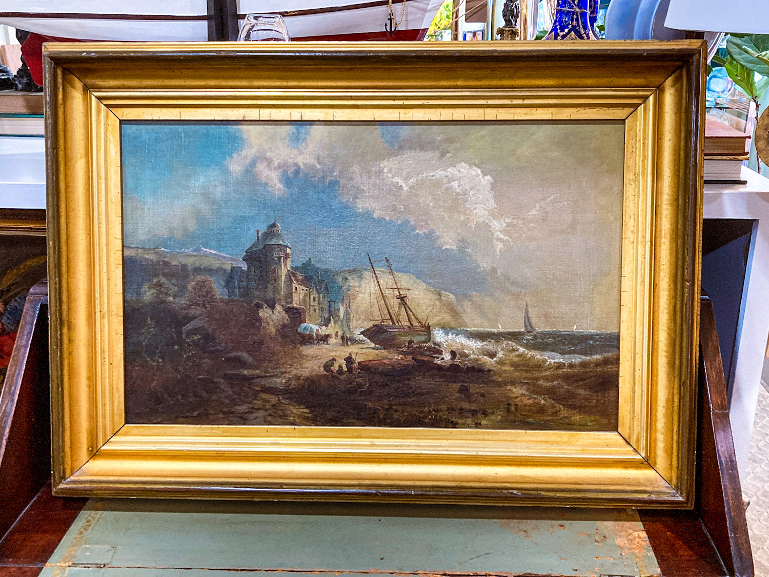 Antique 19th Century Dover Cliff Seaside Landscape Framed Oil Painting