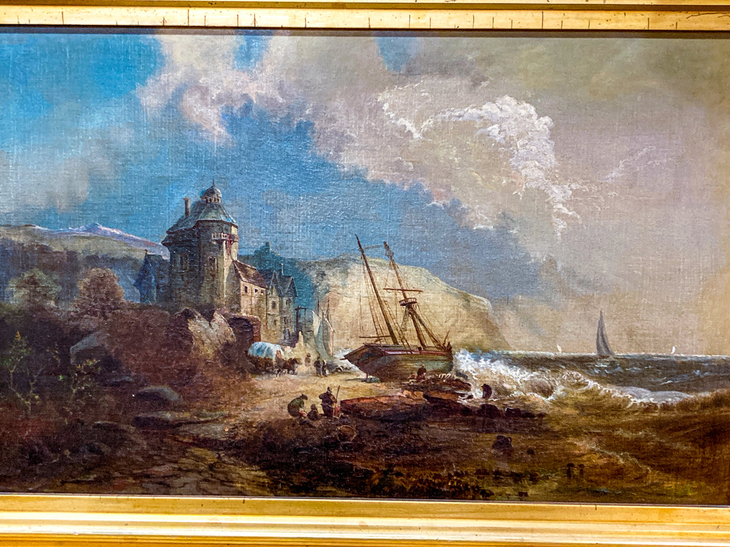 Antique 19th Century Dover Cliff Seaside Landscape Framed Oil Painting