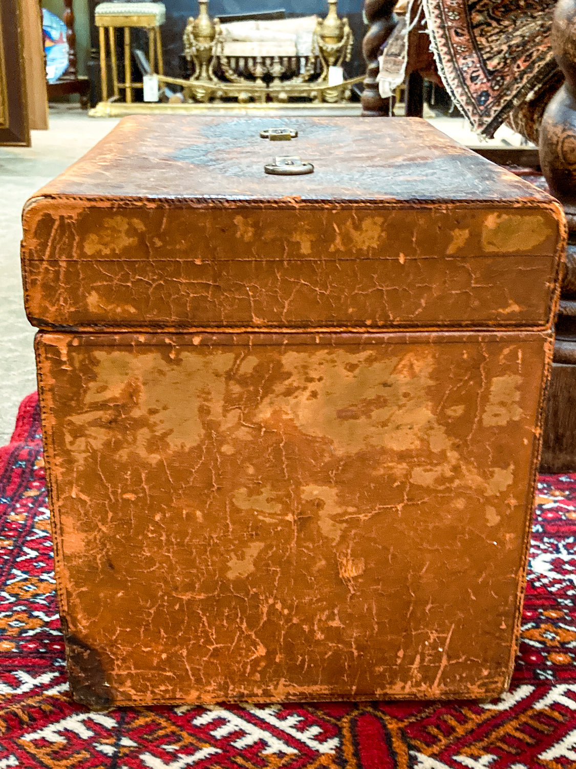 Antique Edwardian Leather Red Lined Carrying Travel Luggage Hat Box