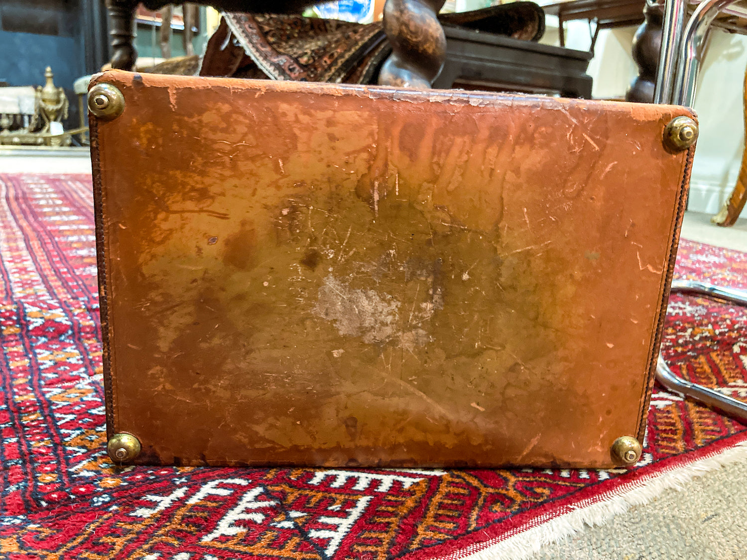 Antique Edwardian Leather Red Lined Carrying Travel Luggage Hat Box