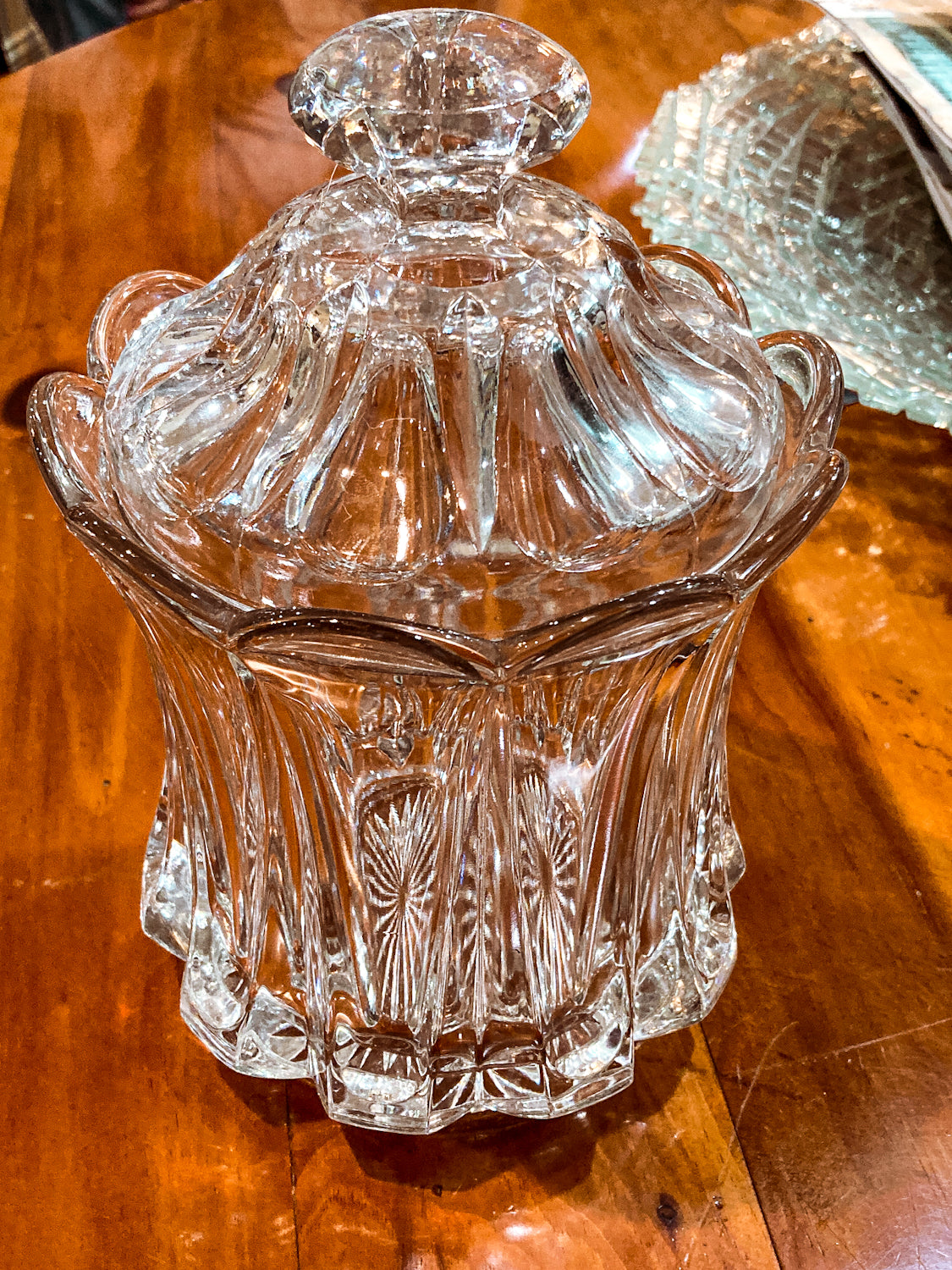 Antique American 1910s Scallop Edge Large Lidded Clear Glass Jar