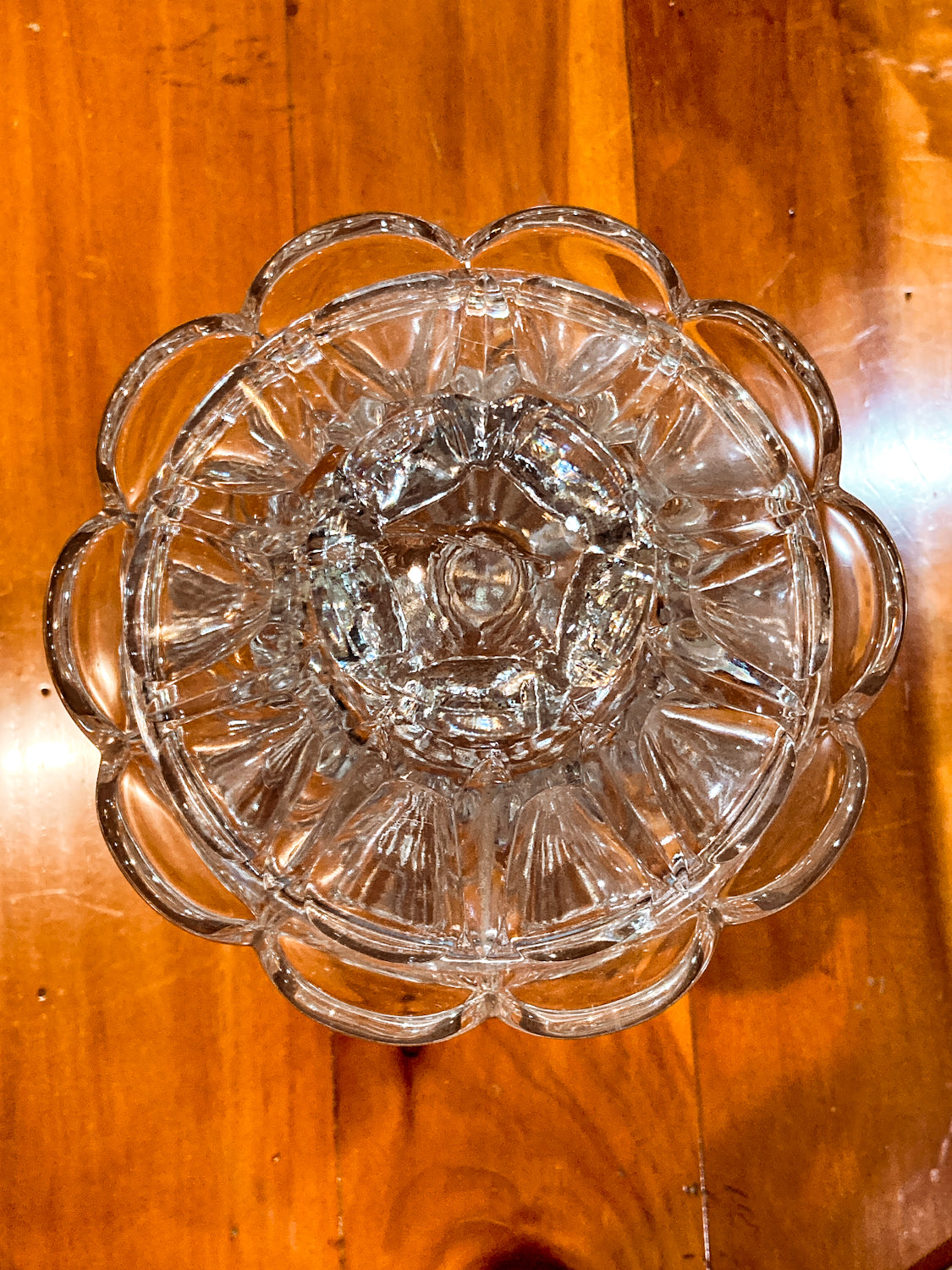 Antique American 1910s Scallop Edge Large Lidded Clear Glass Jar