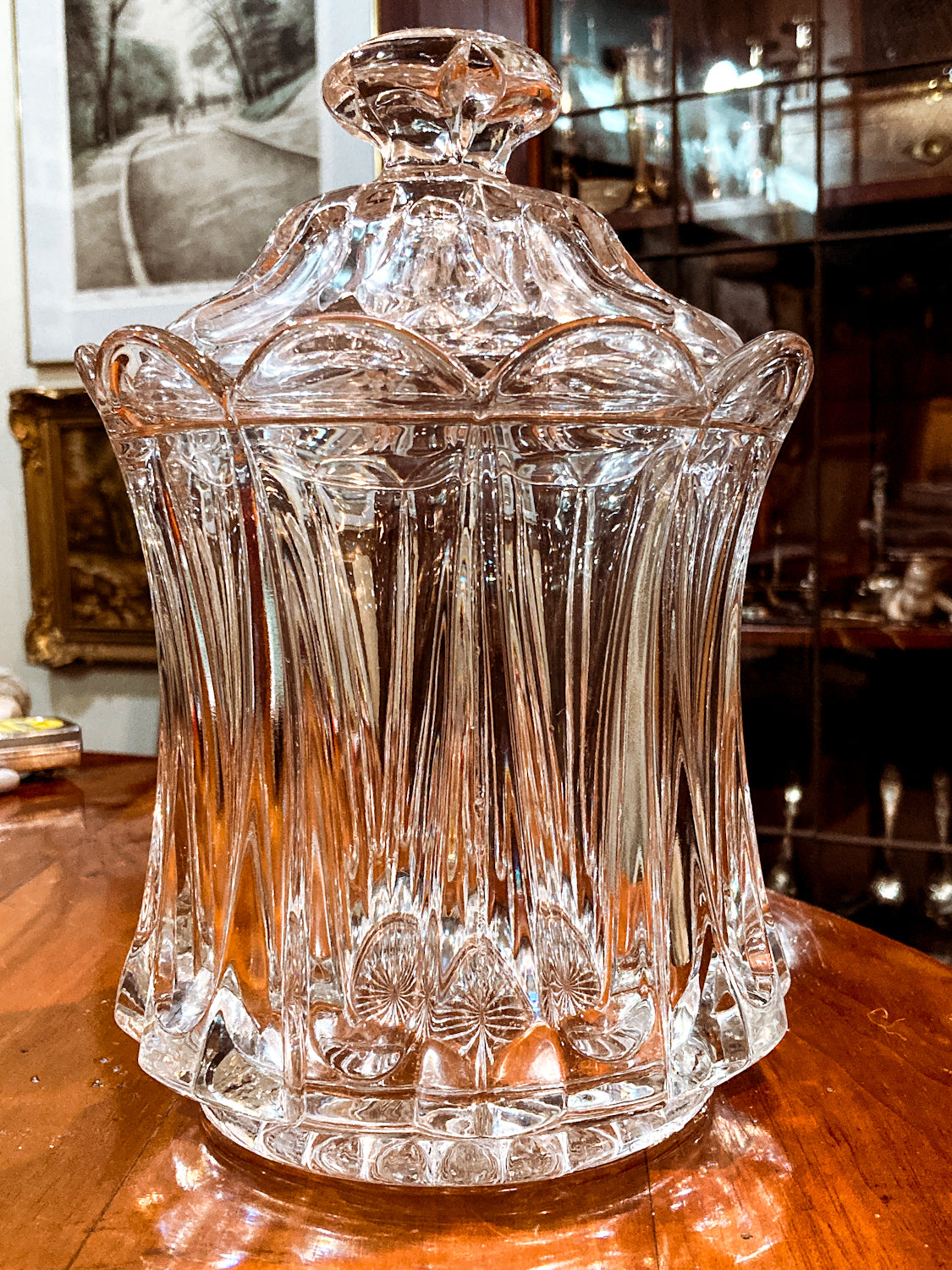 Antique American 1910s Scallop Edge Large Lidded Clear Glass Jar